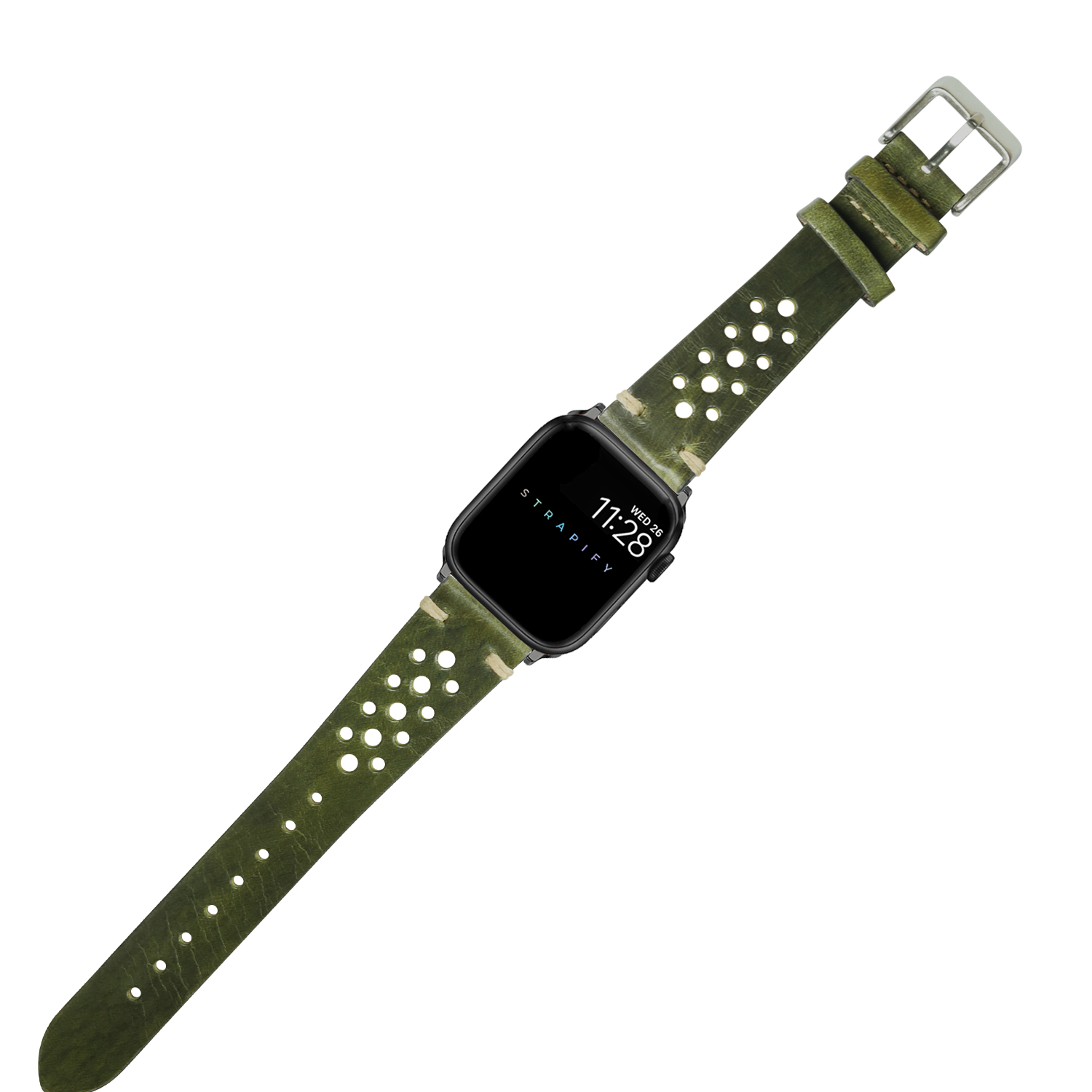 Apple Watch with vintage rally smoked Amazon green leather perforated band and silver buckle