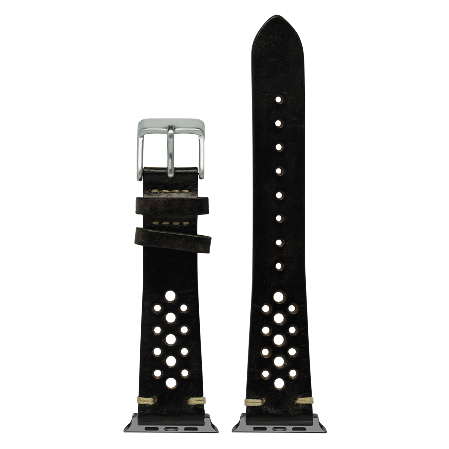 Black vintage rally leather smartwatch band with perforated pattern, silver buckle and adapter hardware for Apple Watch