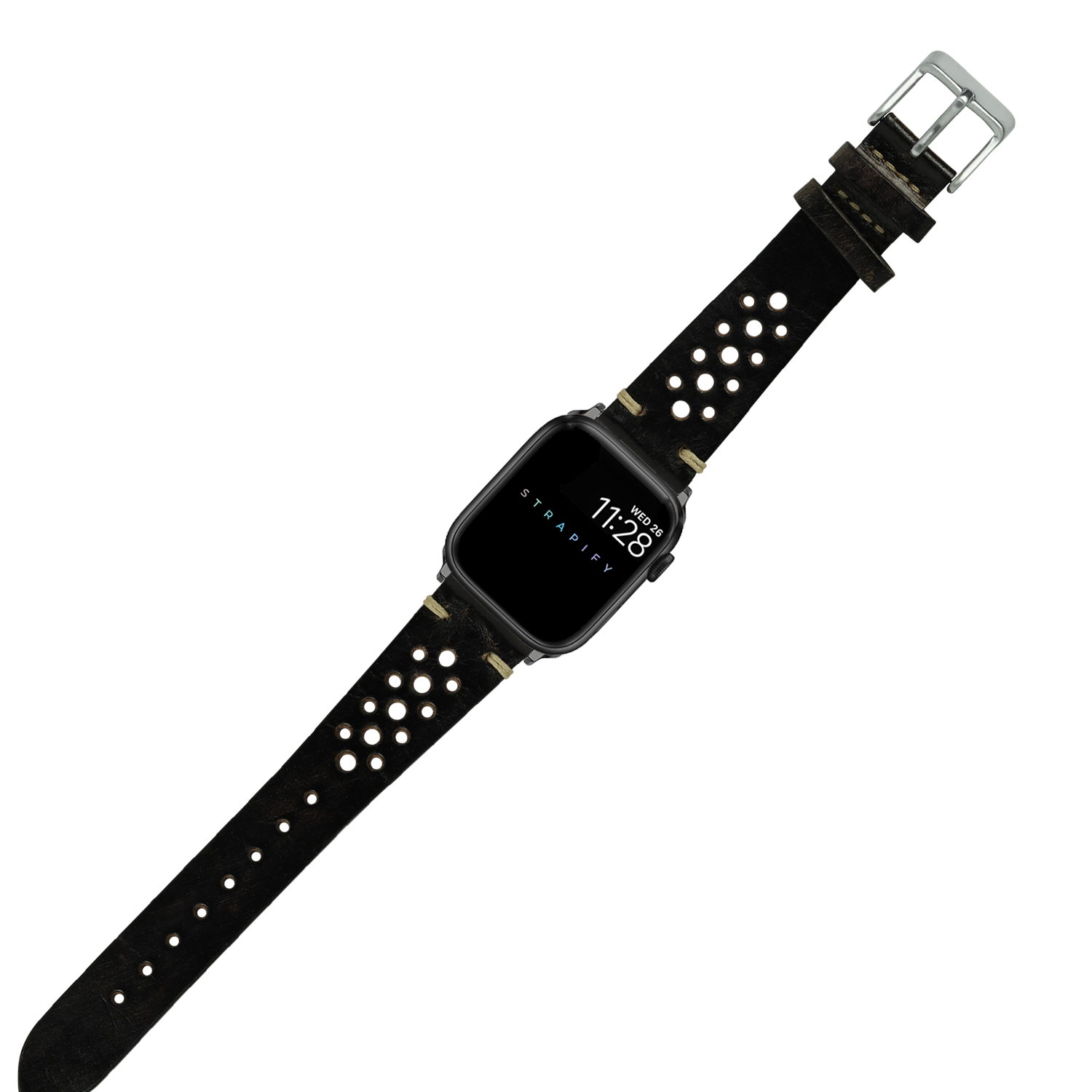 Black leather Apple Watch band with white stud details and silver buckle, Smoked Black vintage rally style strap