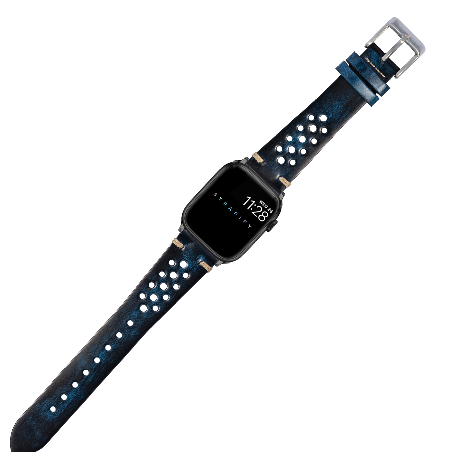 Vintage Rally smoked blue leather Apple Watch band with white stud details and silver buckle hardware