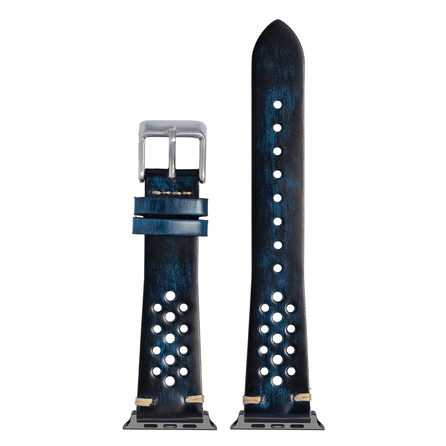 Vintage Rally smoked blue leather Apple Watch band with white stud details and metal buckle, shown assembled and unattached