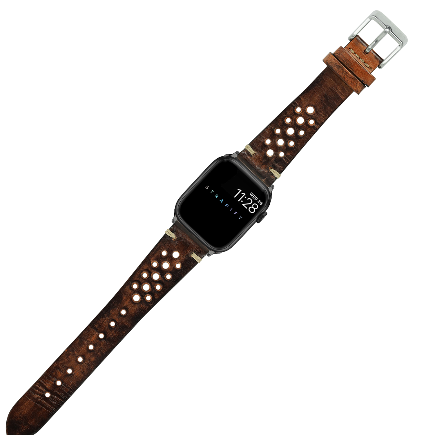 Vintage Rally smoked brown leather Apple Watch band with perforated detailing and silver buckle connector