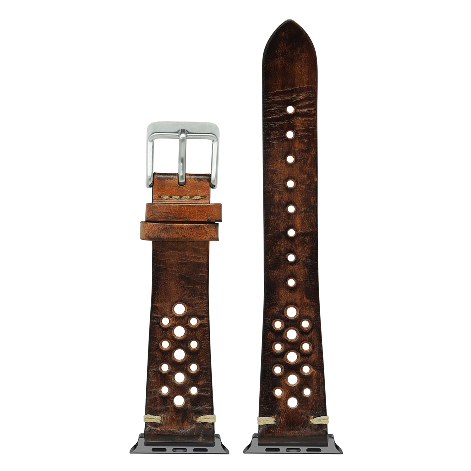 Vintage rally smoked brown leather Apple Watch band with perforated detail, metal buckle and connector adapters