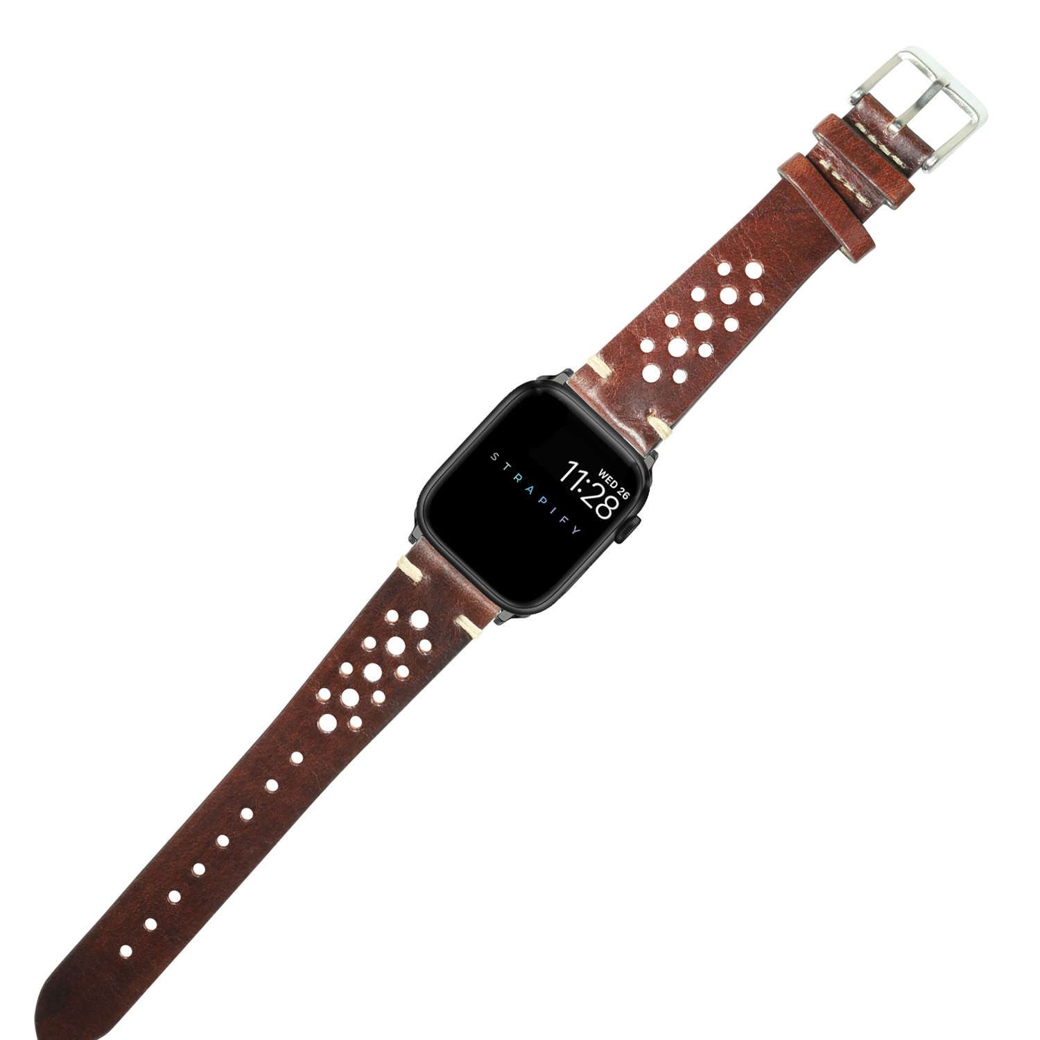 Smartwatch with black square face displaying time on vintage smoked dark brown perforated leather rally strap with silver buckle
