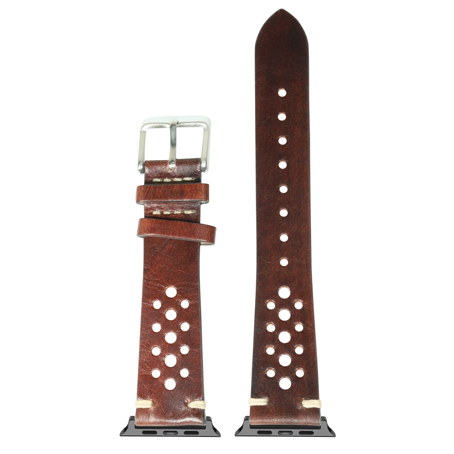 Vintage Rally smoked dark brown leather smartwatch band with perforated detailing, stainless steel buckle and connector for Apple Watch
