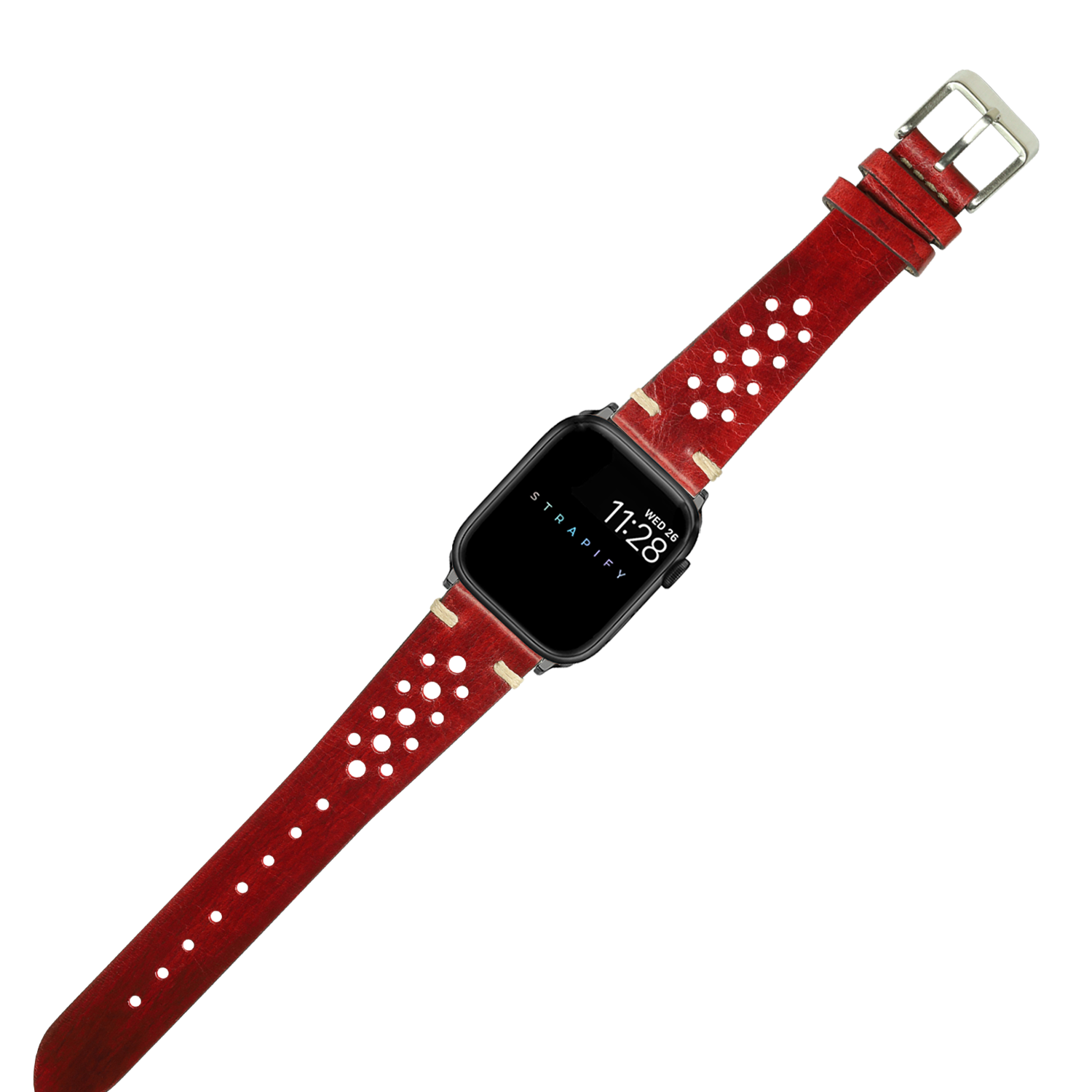 Vintage Rally burnished red leather Apple Watch band with perforated racing stripes design and silver buckle