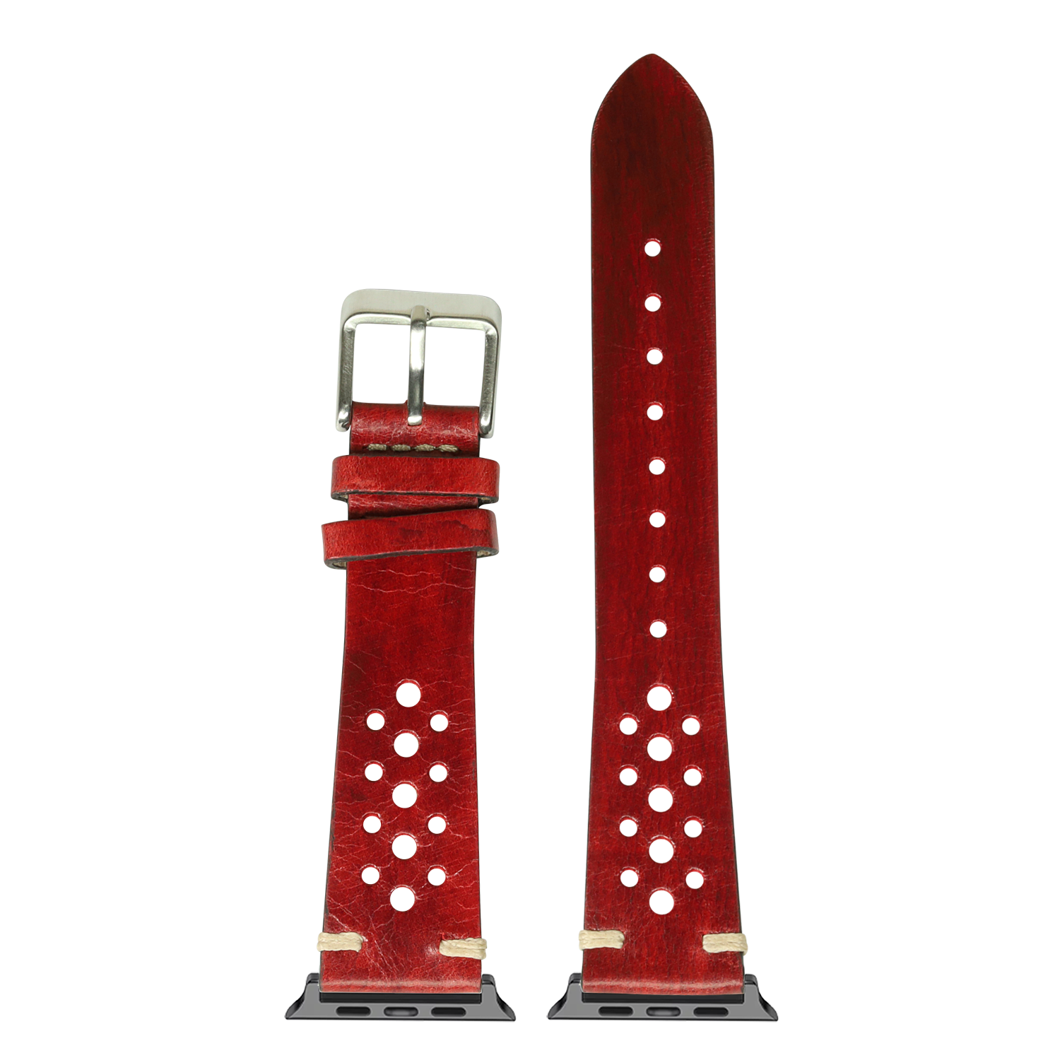 Burnished red vintage rally leather Apple Watch band with white stud details and silver buckle