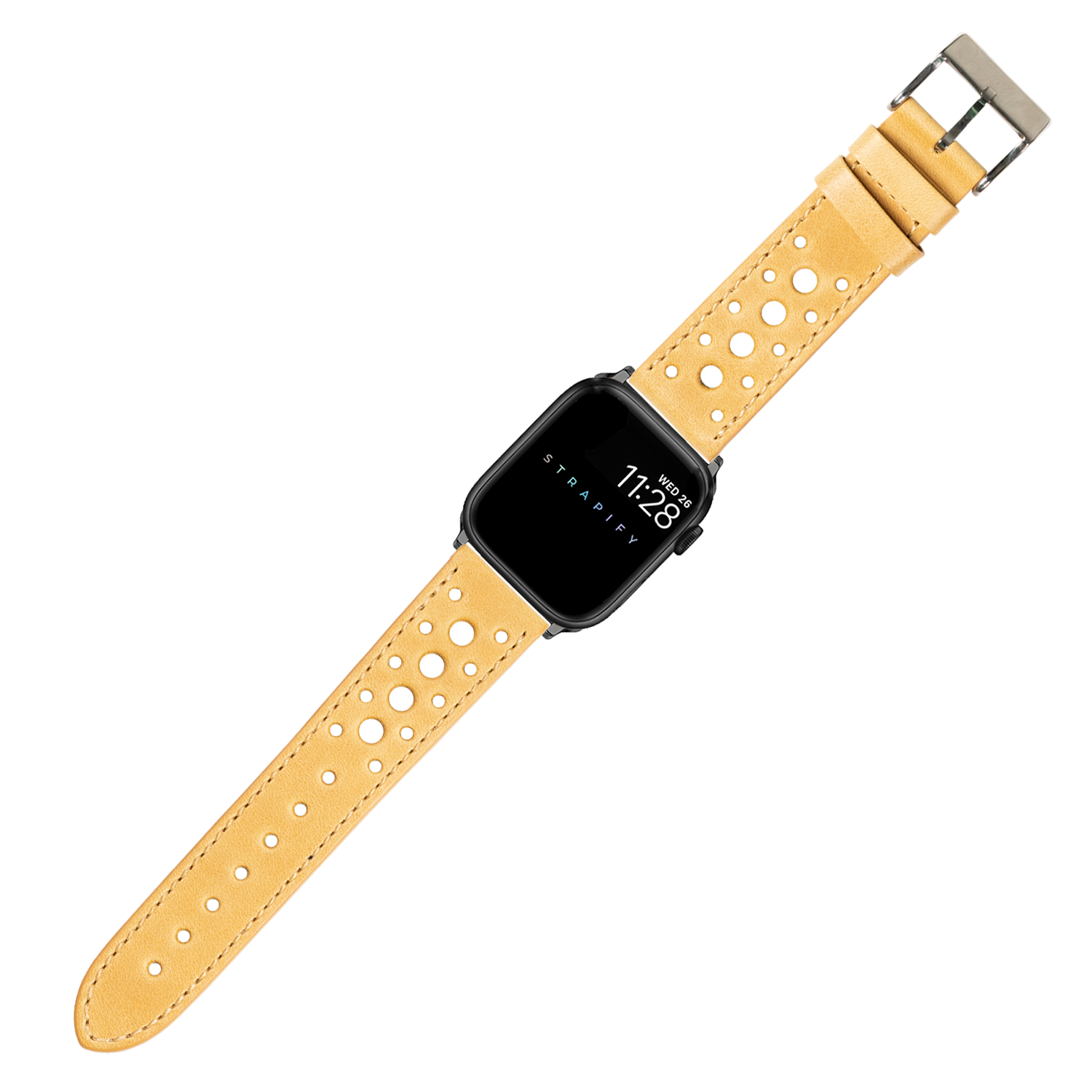 Golden brown perforated leather smartwatch band with stainless steel buckle for Apple Watch