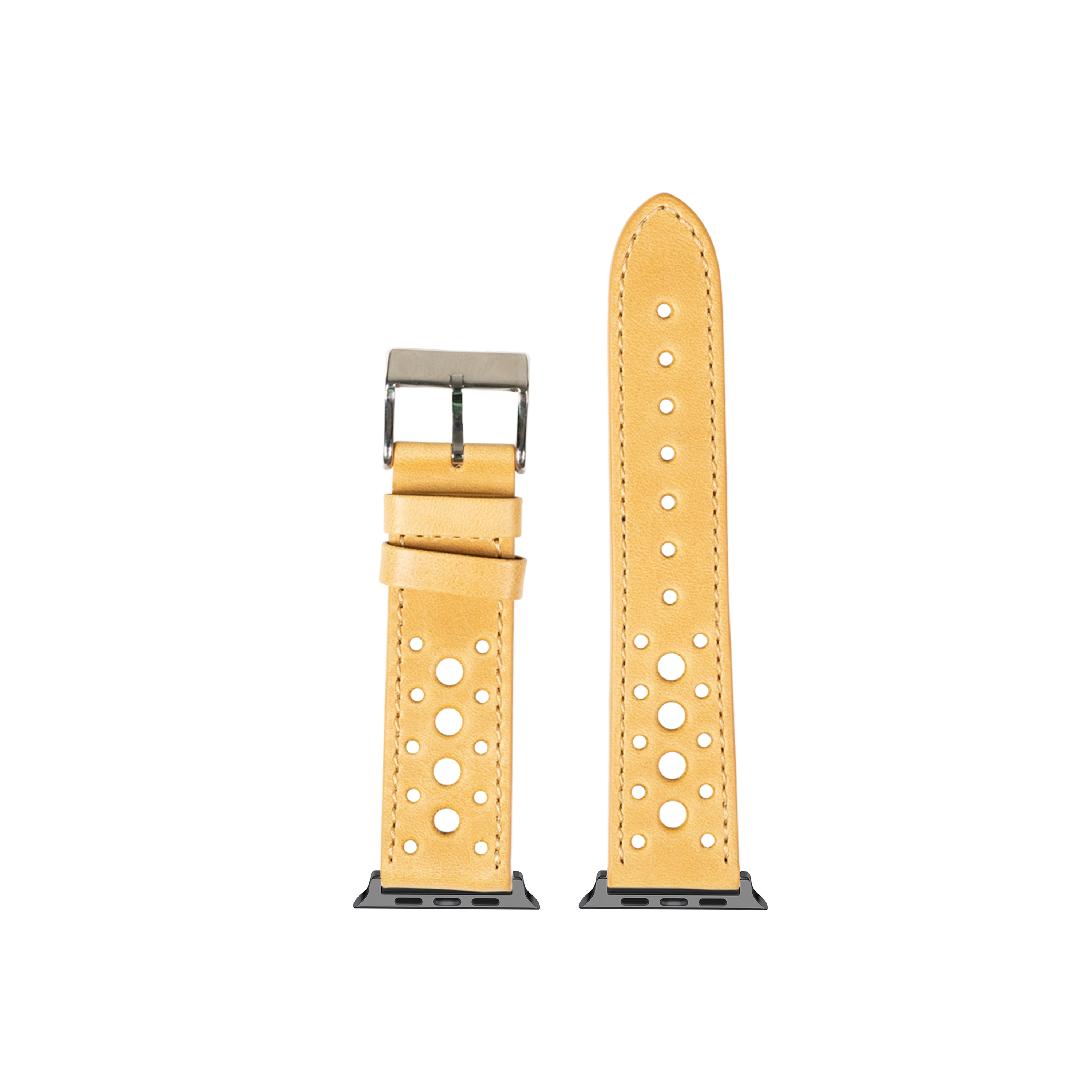 Golden brown perforated leather Apple Watch band with stainless steel buckle and connector adapters