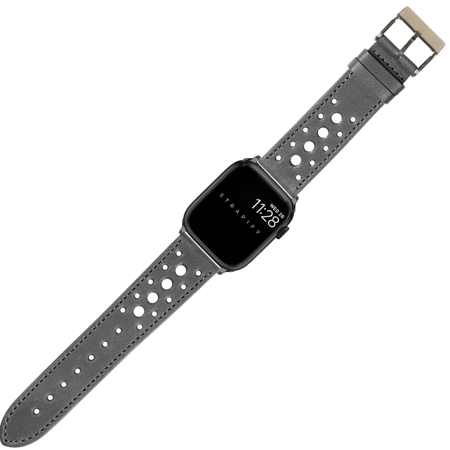 Black perforated leather smartwatch band with silver buckle for Apple Watch, featuring ventilation holes and stitched edges