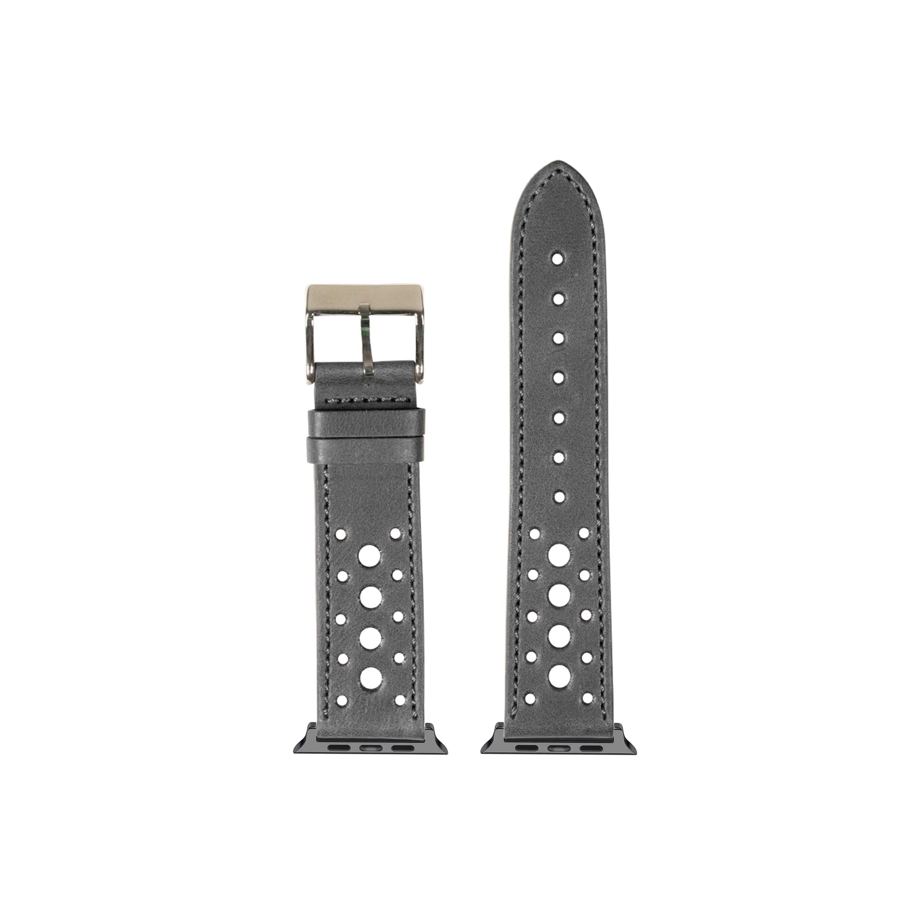 Black leather Daytona Apple Watch band with perforated design and silver buckle