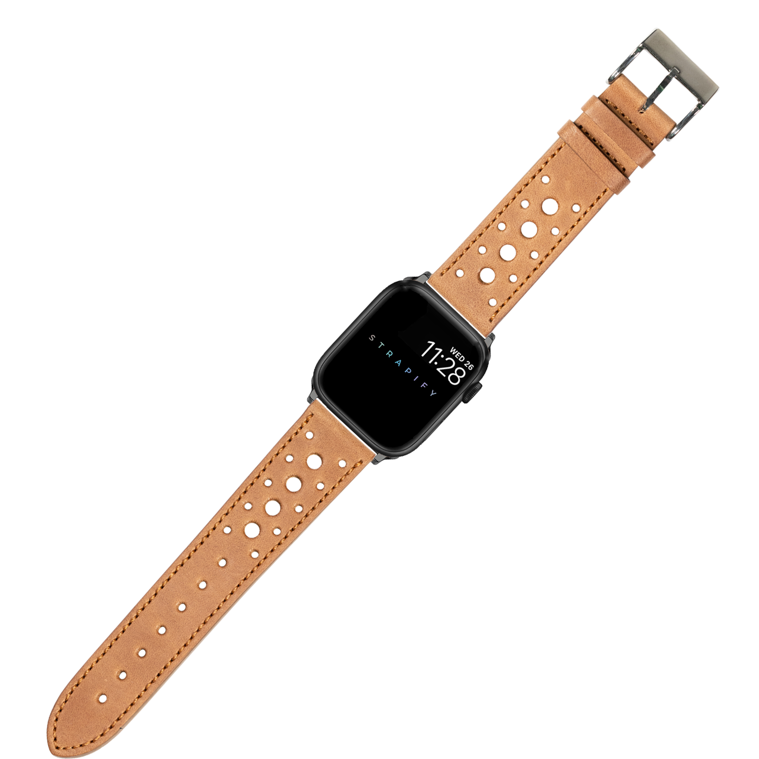 Brown perforated leather Apple Watch band with silver buckle and black square smartwatch face displaying time