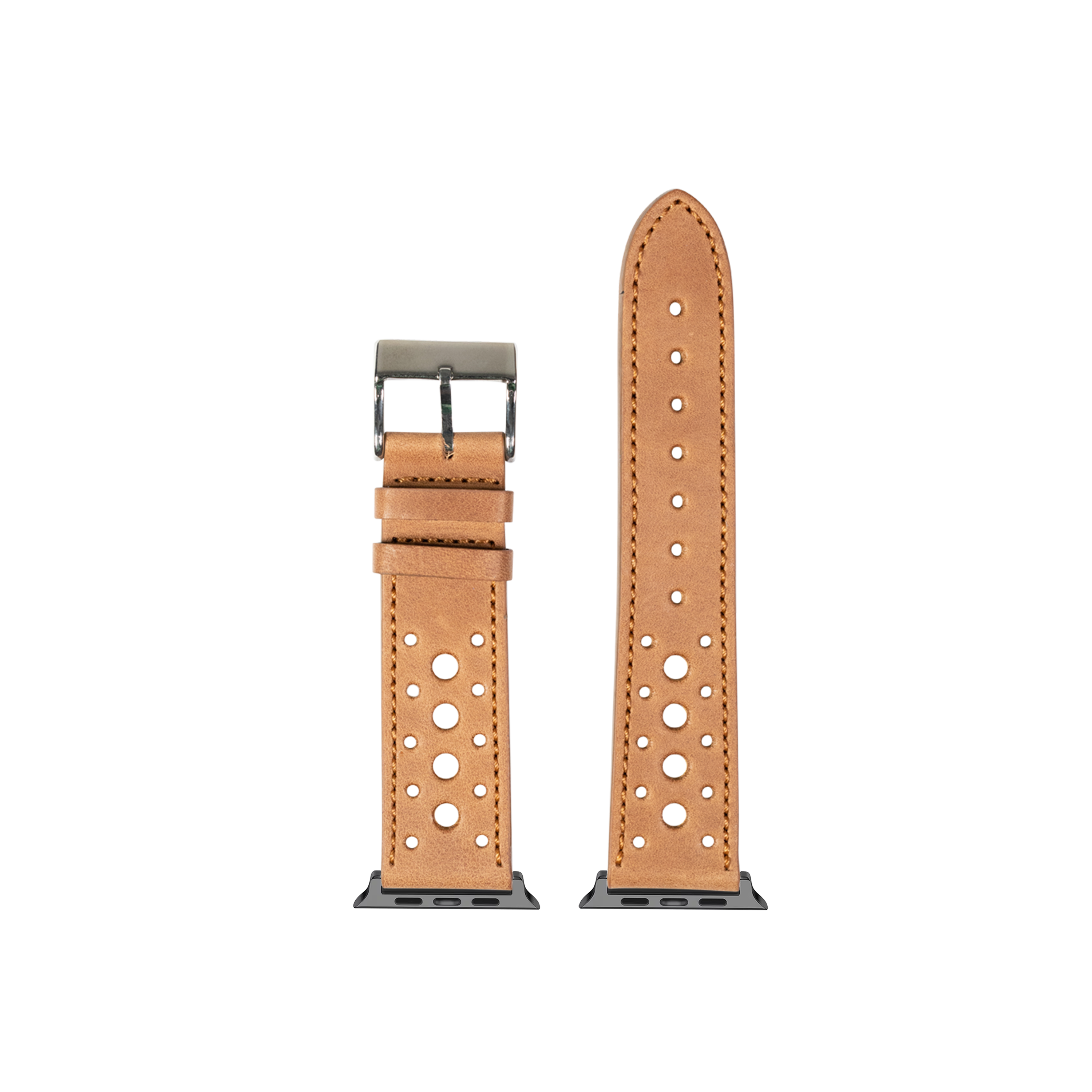 Tan perforated leather Apple Watch band with metal buckle and connector adapters, Daytona style