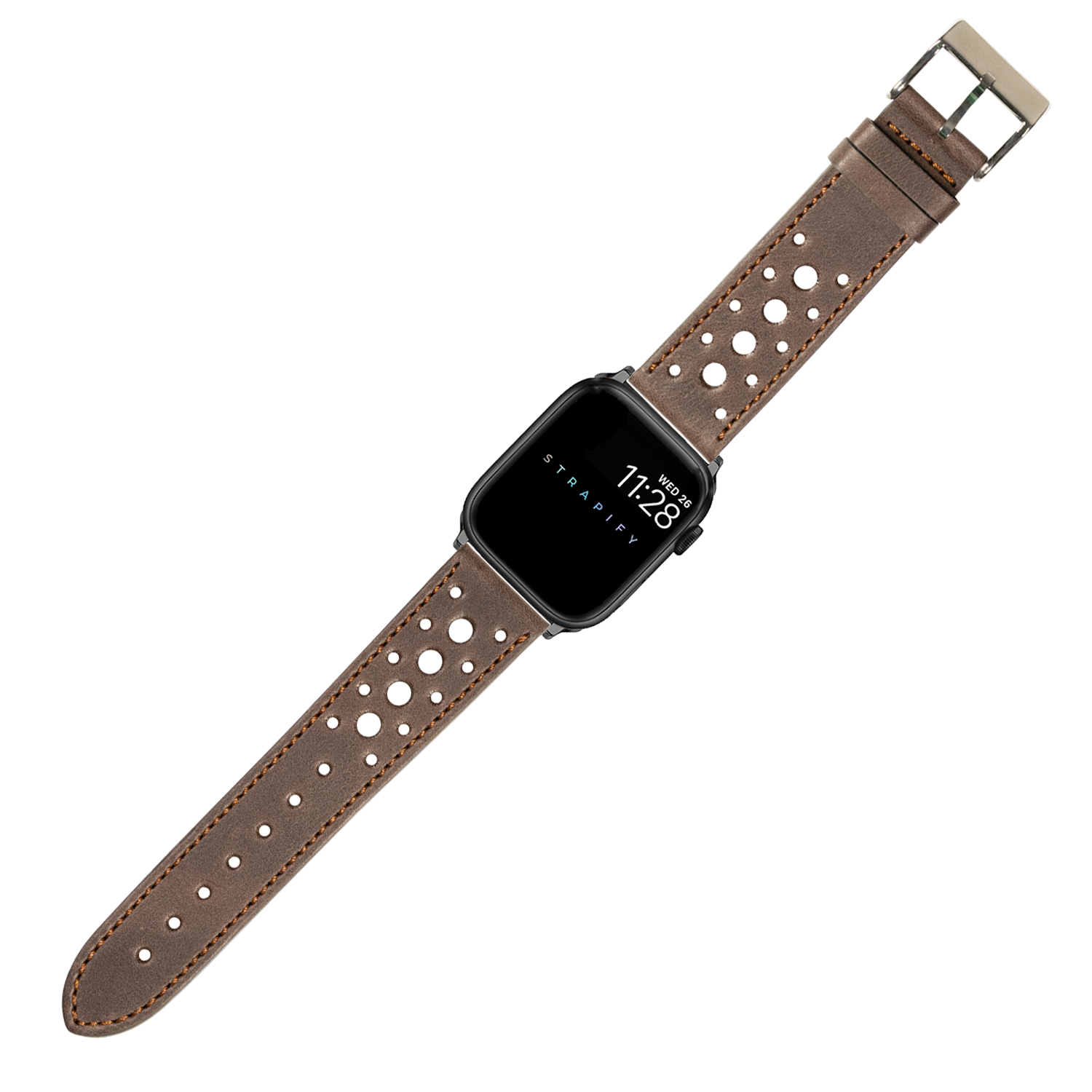Smartwatch with black square face on perforated dark brown leather band with silver buckle