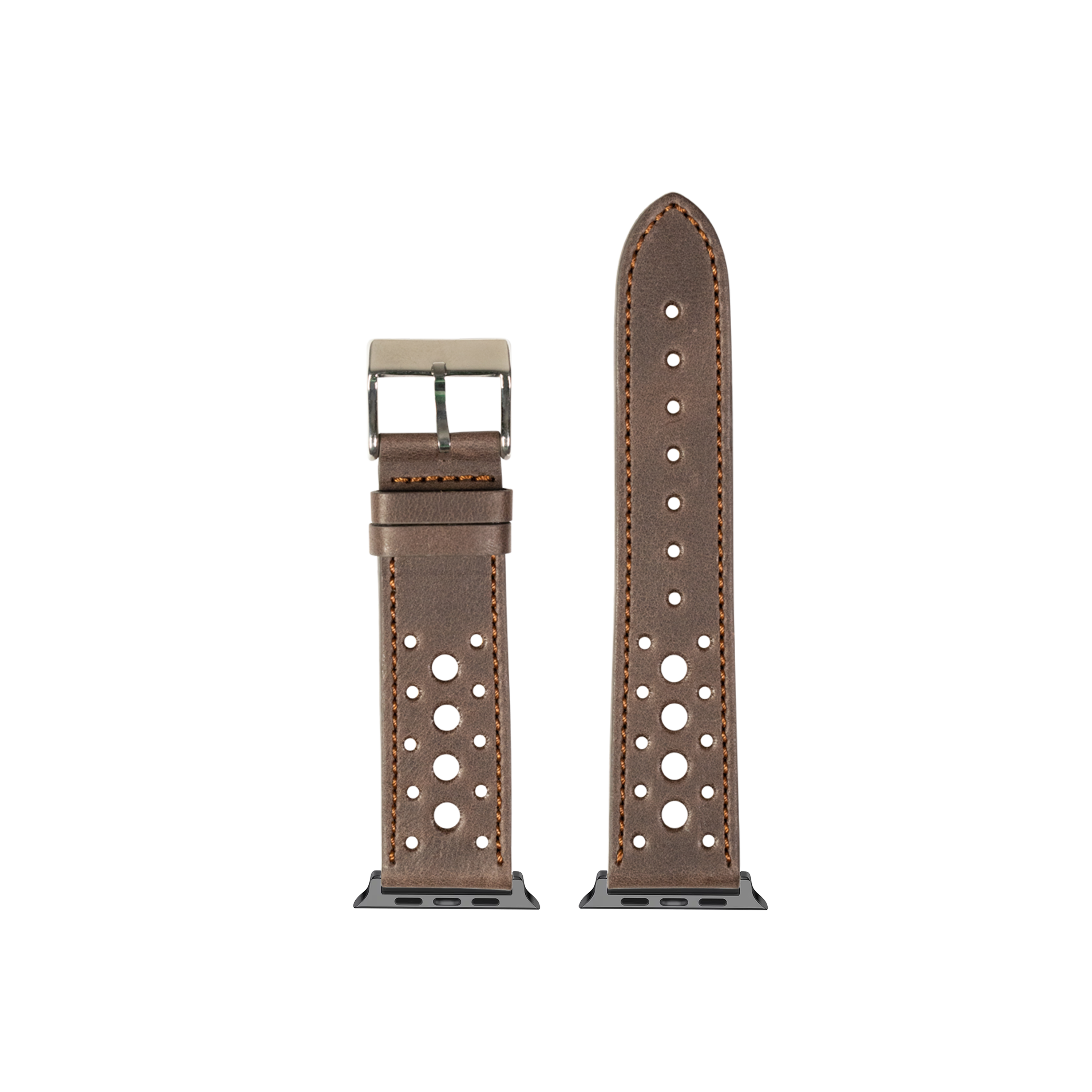 Dark brown perforated leather Apple Watch band with white stitching, metal buckle, and connector adapter