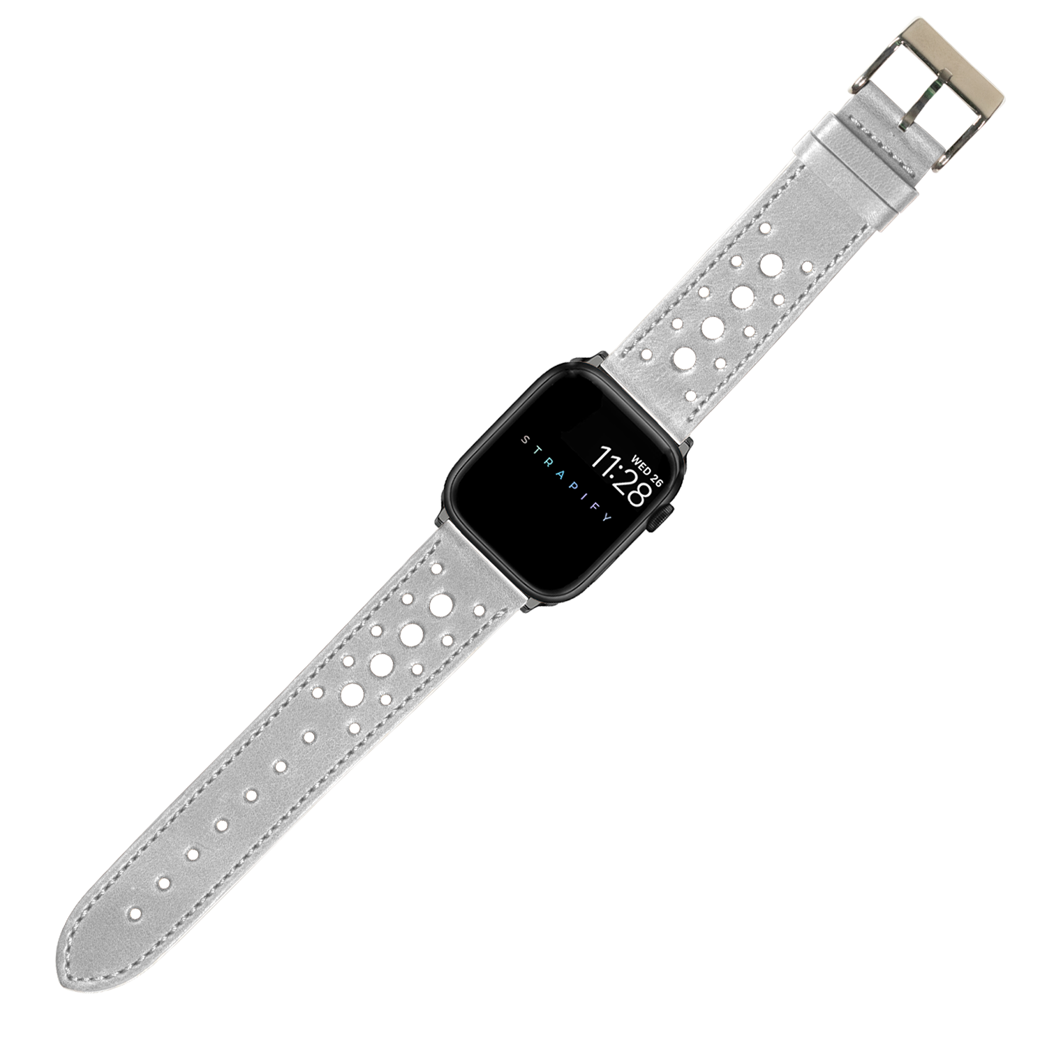 Grey perforated leather Apple Watch band with silver buckle and black square watch face displaying time