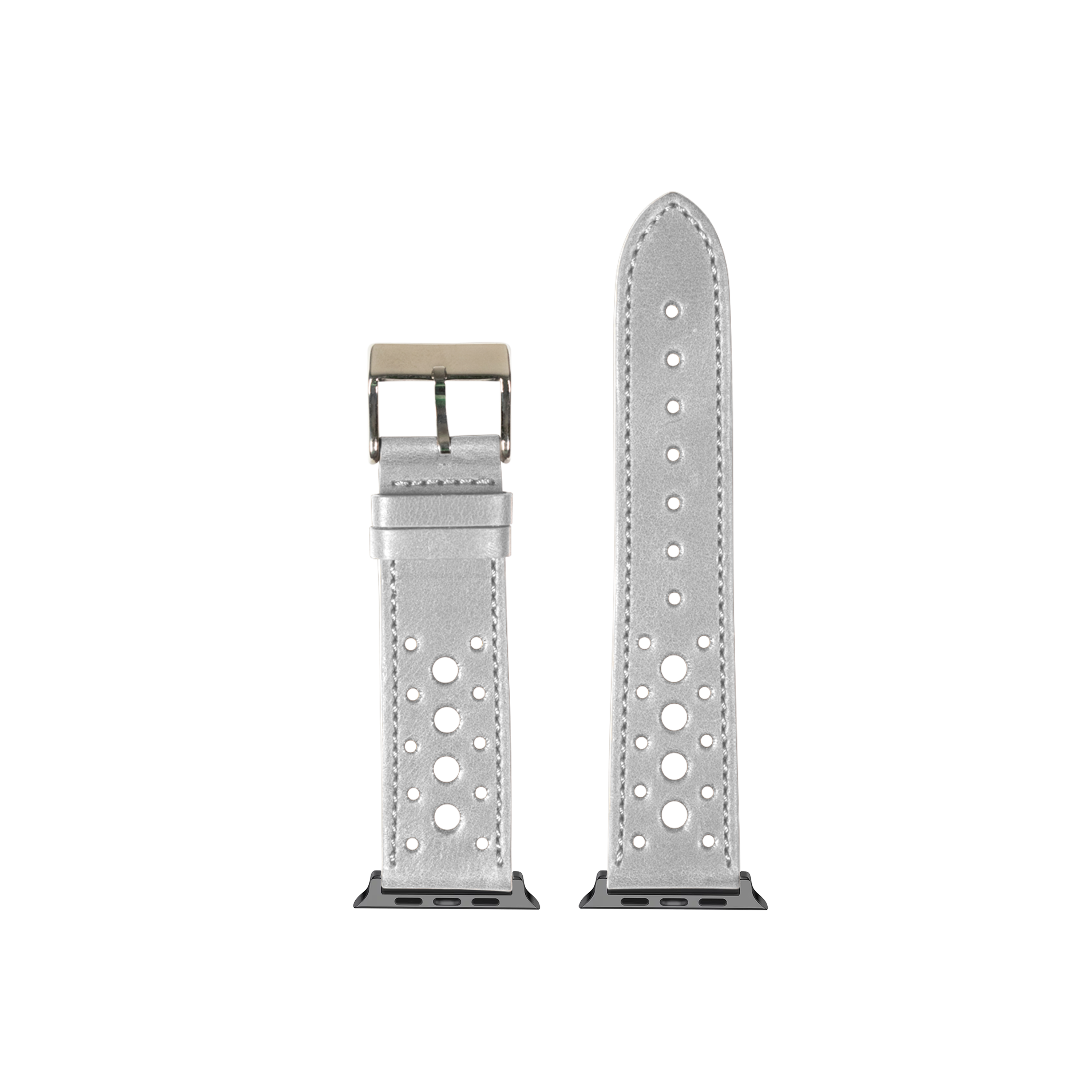 Grey leather Daytona watch band with perforated design and stainless steel buckle for Apple Watch