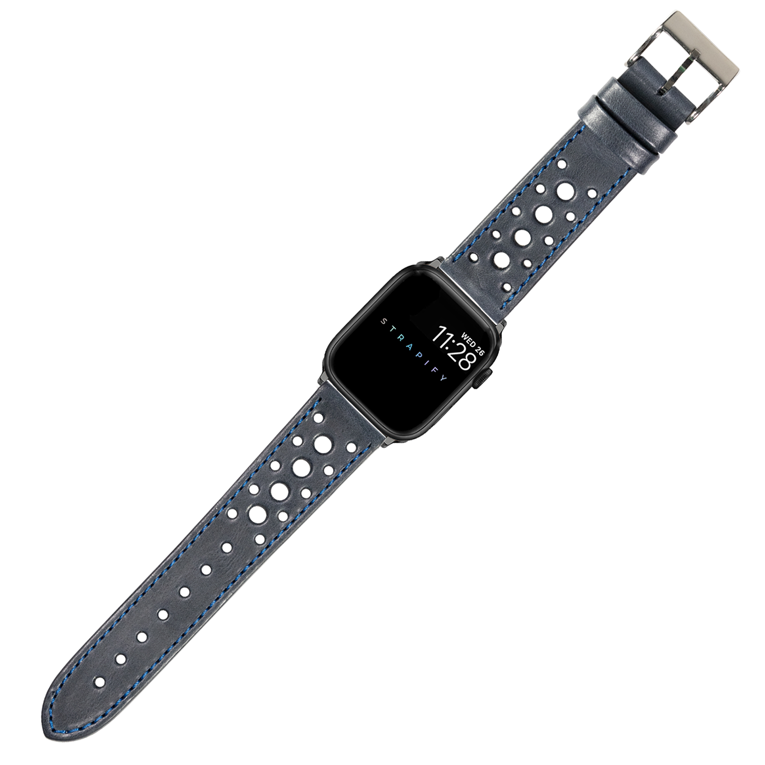 Black Apple Watch with navy blue perforated leather sport strap and silver buckle