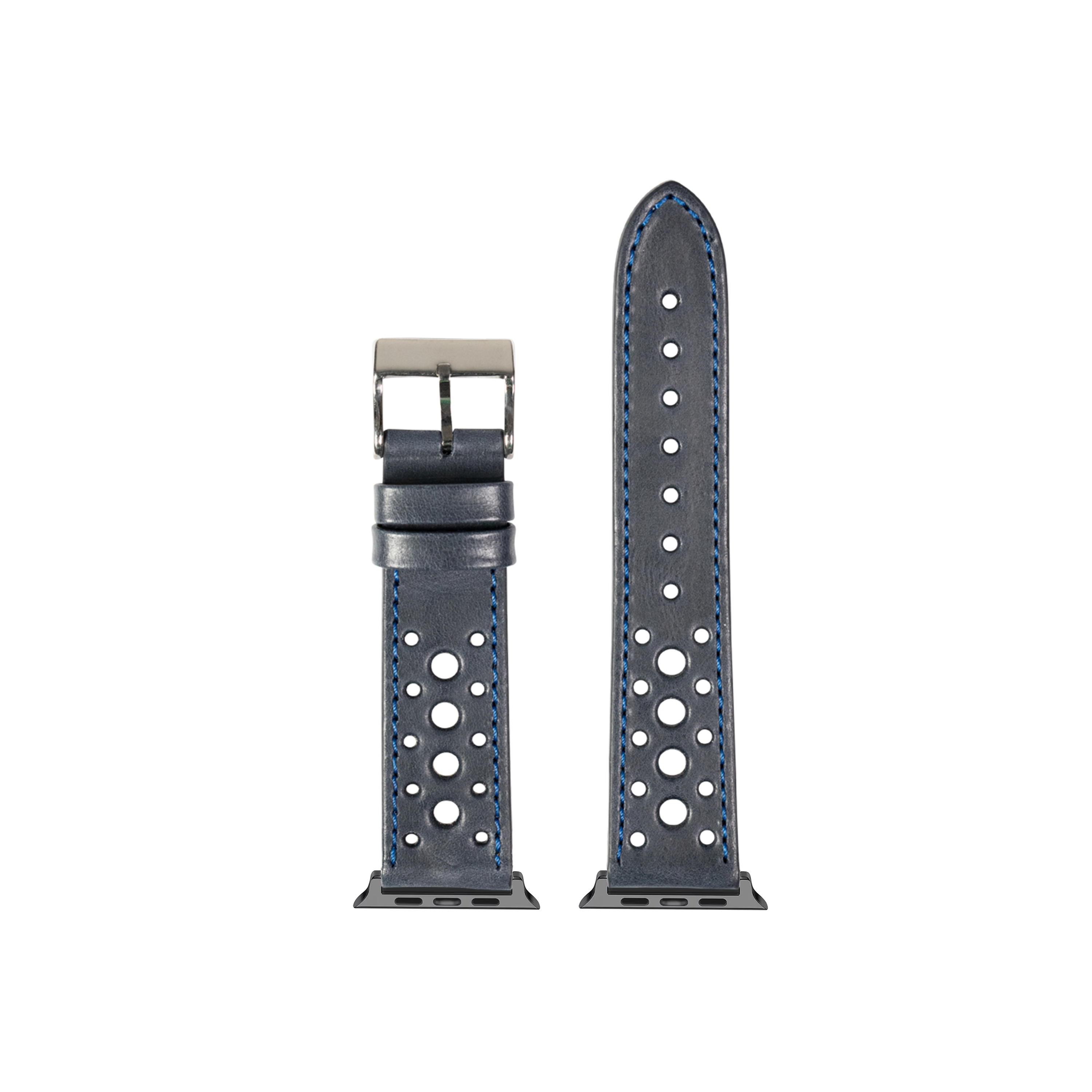 Navy blue leather Daytona Apple Watch band with perforated design and blue contrast stitching