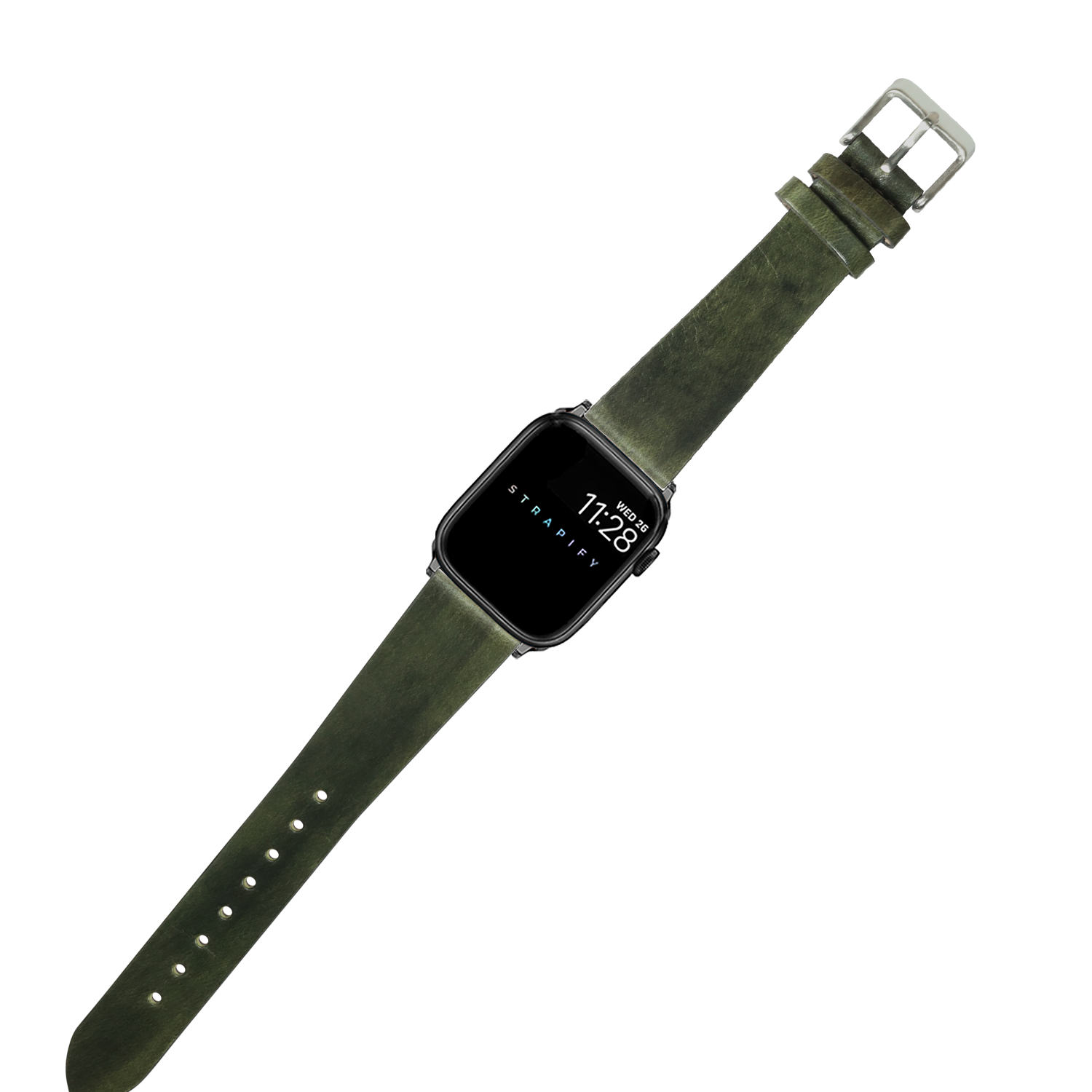Strapey olive green vintage leather smartwatch band with silver buckle and adjustable holes