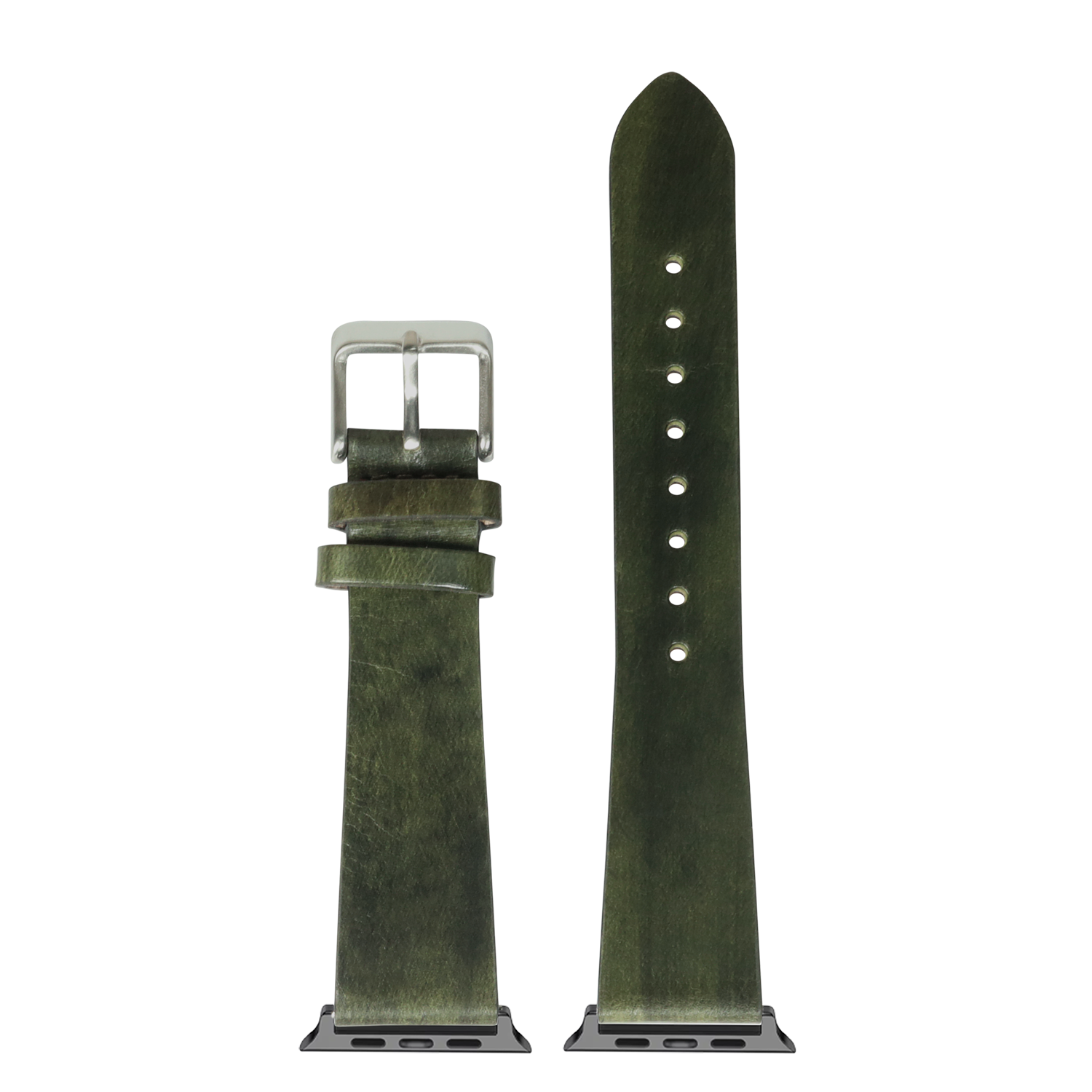 Smoked Amazon green vintage leather Apple Watch band with silver buckle and quick-release adapter shown separately