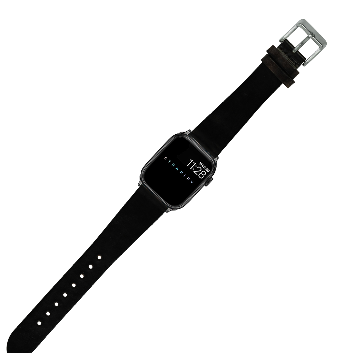Black leather smartwatch with square face displaying time, silver buckle, and adjustable strap with holes