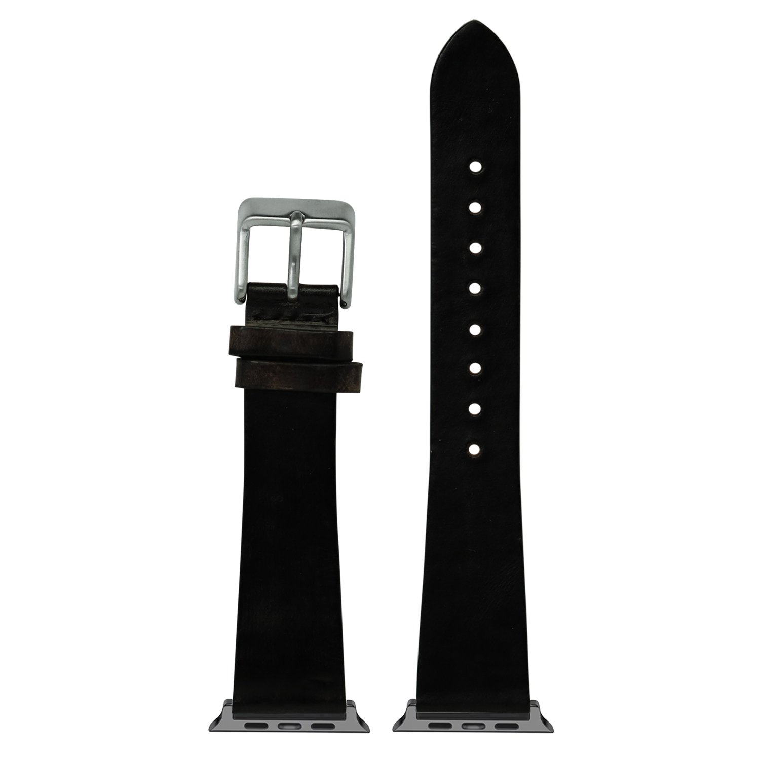 Black vintage leather Apple Watch band with silver buckle and perforated strap design, shown detached and fully extended