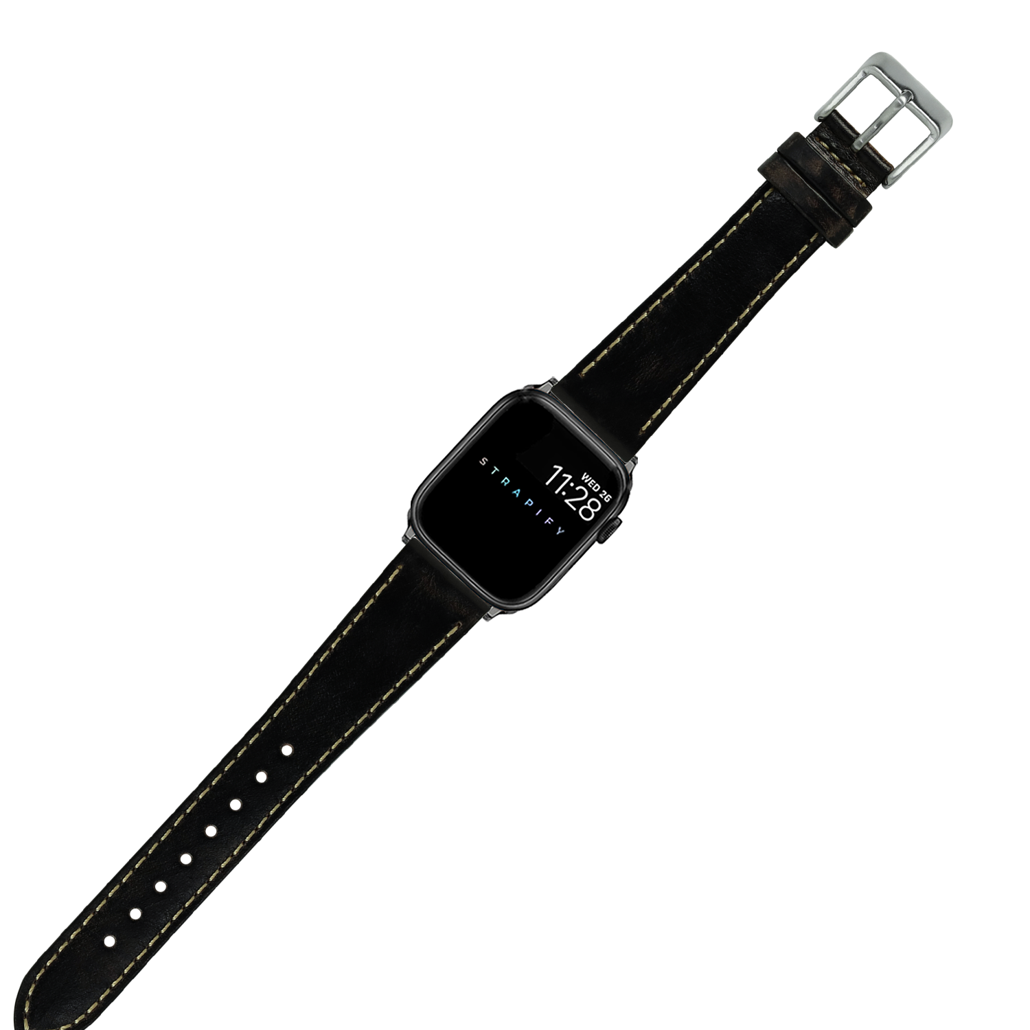 Black leather smartwatch band with contrast stitching and silver buckle, displayed on digital watch face showing time