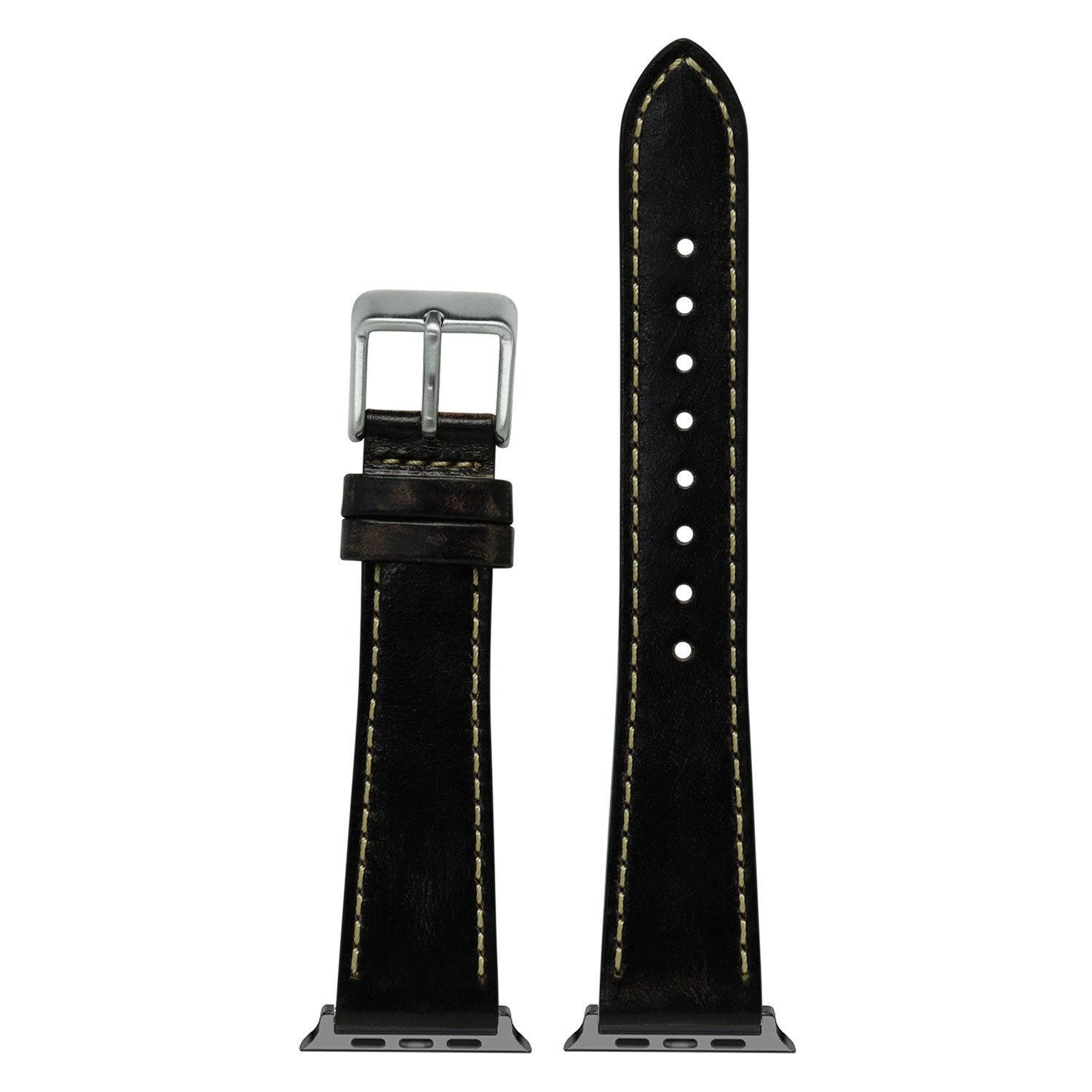 Vintage black leather Apple Watch band with contrast tan stitching and silver buckle, shown fully assembled and separately