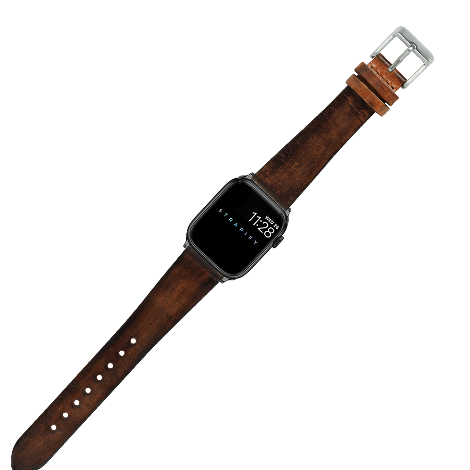 Smartwatch with square black face and vintage smoked brown leather band with silver buckle