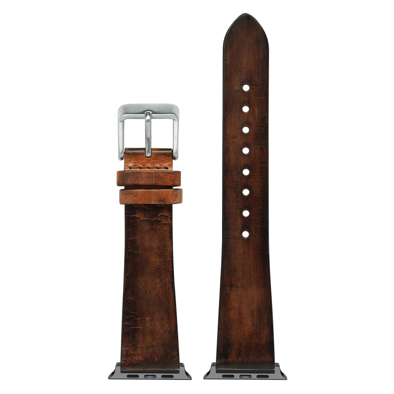 Vintage smoked brown leather Apple Watch band with silver buckle and white stitching detail