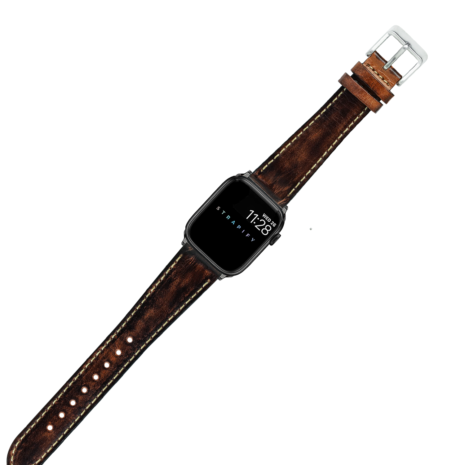 Smartwatch with smoked brown vintage leather band, contrast stitching, and silver buckle