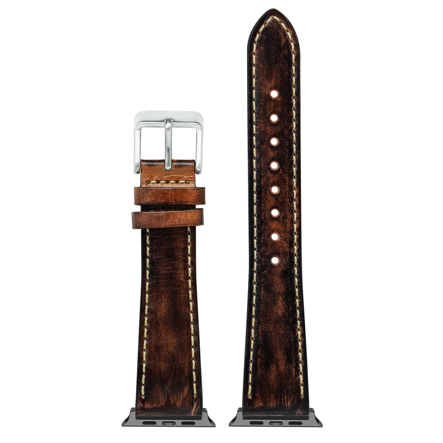 Vintage brown leather Apple Watch band with contrast cream stitching and silver buckle, shown assembled and unattached