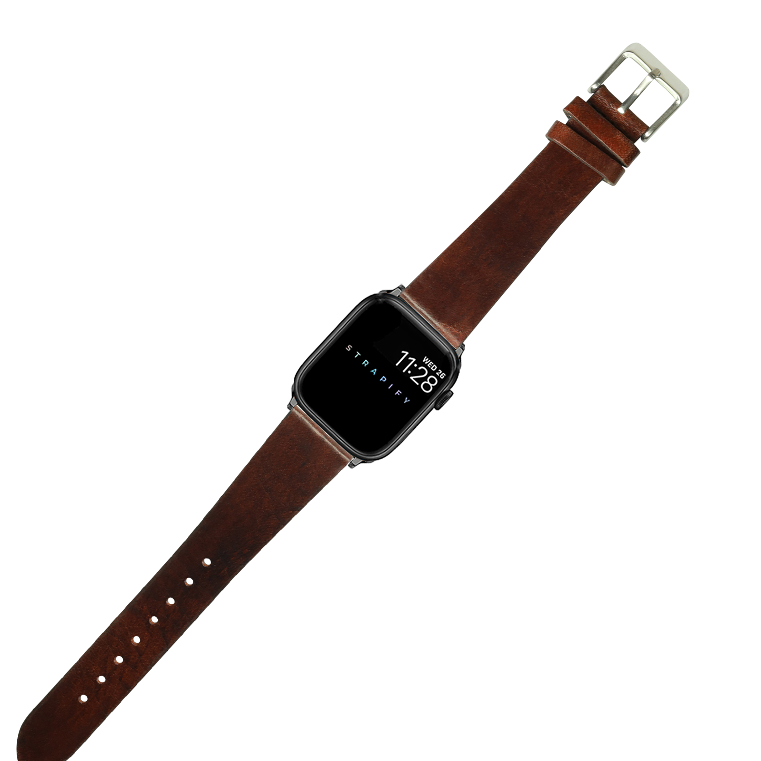 Smartwatch with dark brown leather vintage strap, silver square case, and digital display showing time and date