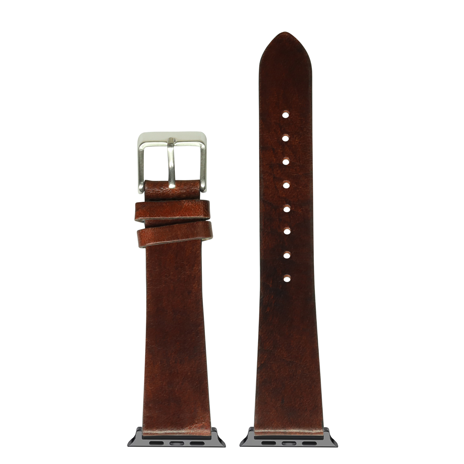 Vintage smoked dark brown leather Apple Watch band with silver buckle and white stitching detail
