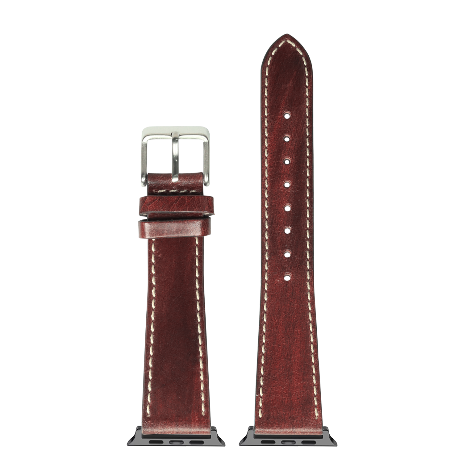 Burgundy leather smartwatch band with white contrast stitching, silver buckle, and stainless steel adapter connectors shown unbuckled and buckled views