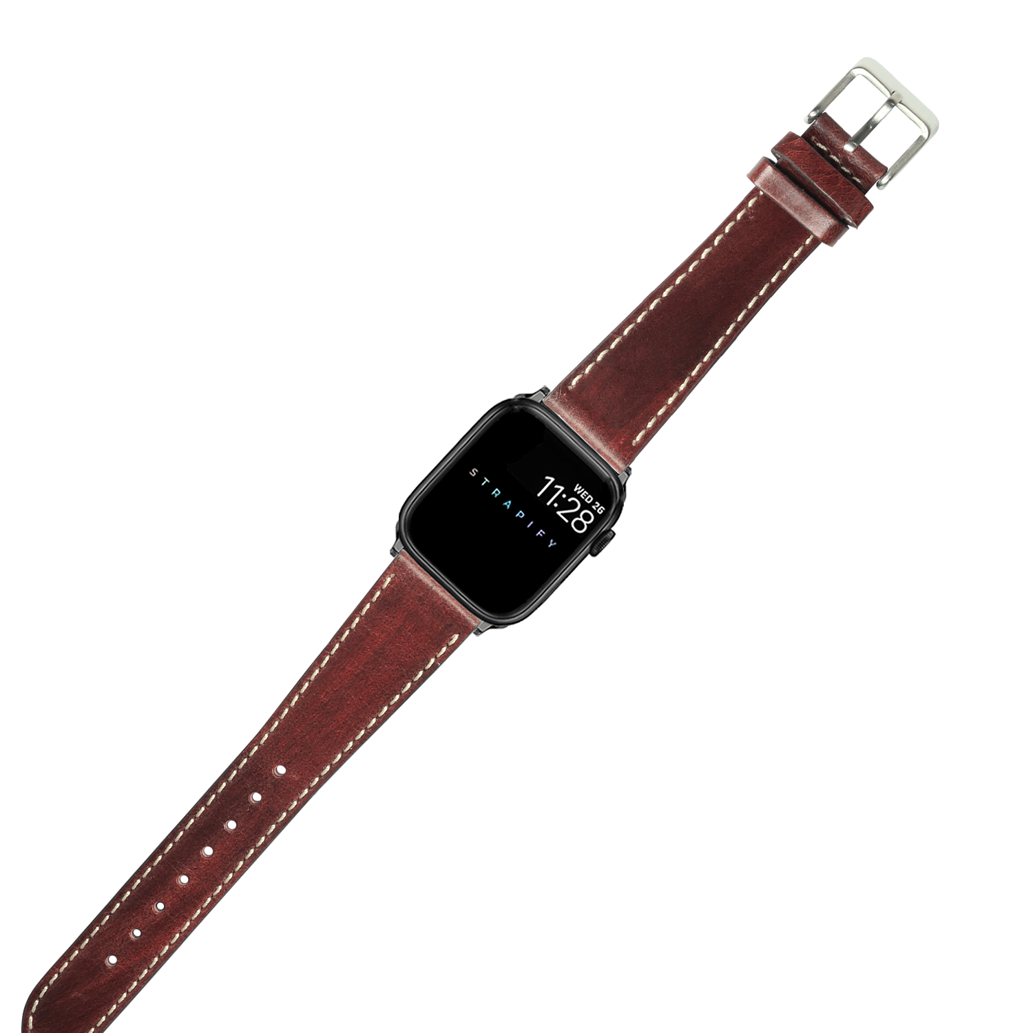 Smartwatch with black square face and burgundy leather band featuring white contrast stitching and silver buckle