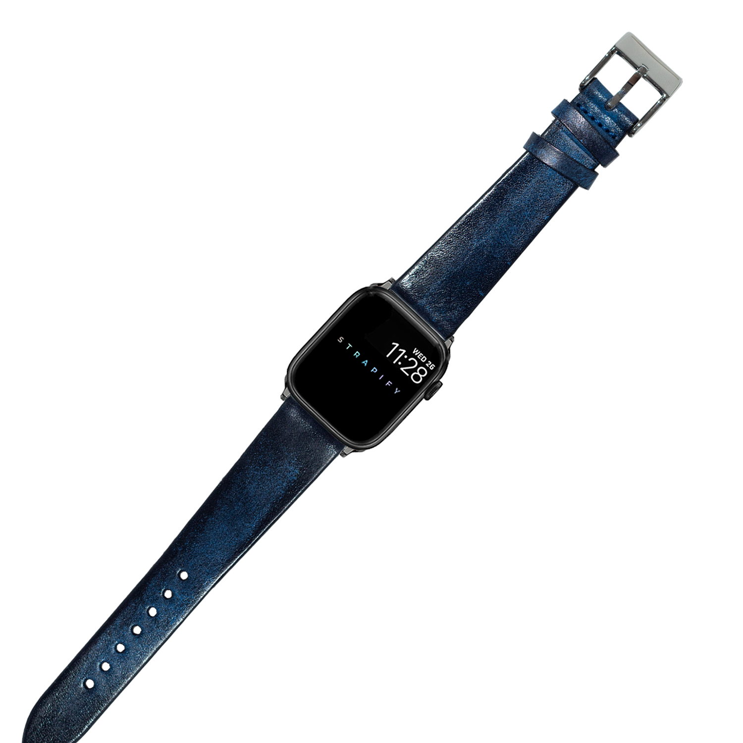 Black smartwatch with square face displaying time on smoked navy blue vintage leather strap with silver buckle