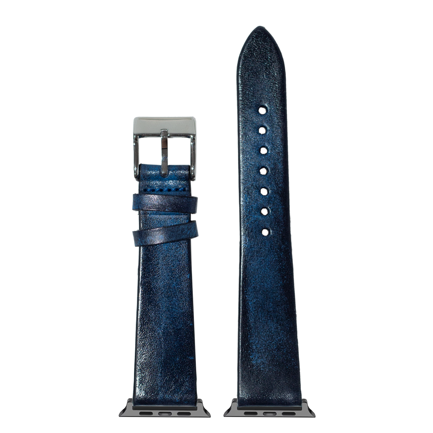 Vintage smoked navy blue leather Apple Watch band with silver buckle and white stitching holes