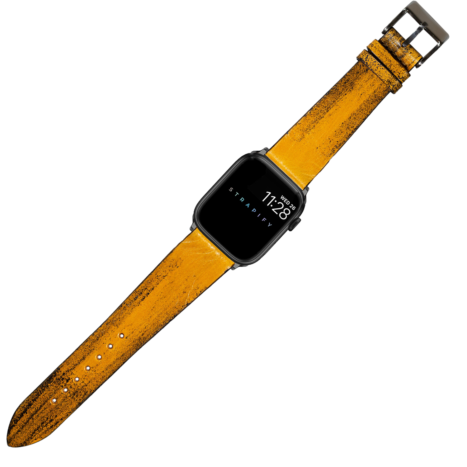 Vintage smoked yellow leather smartwatch band with distressed finish and black buckle for Apple Watch