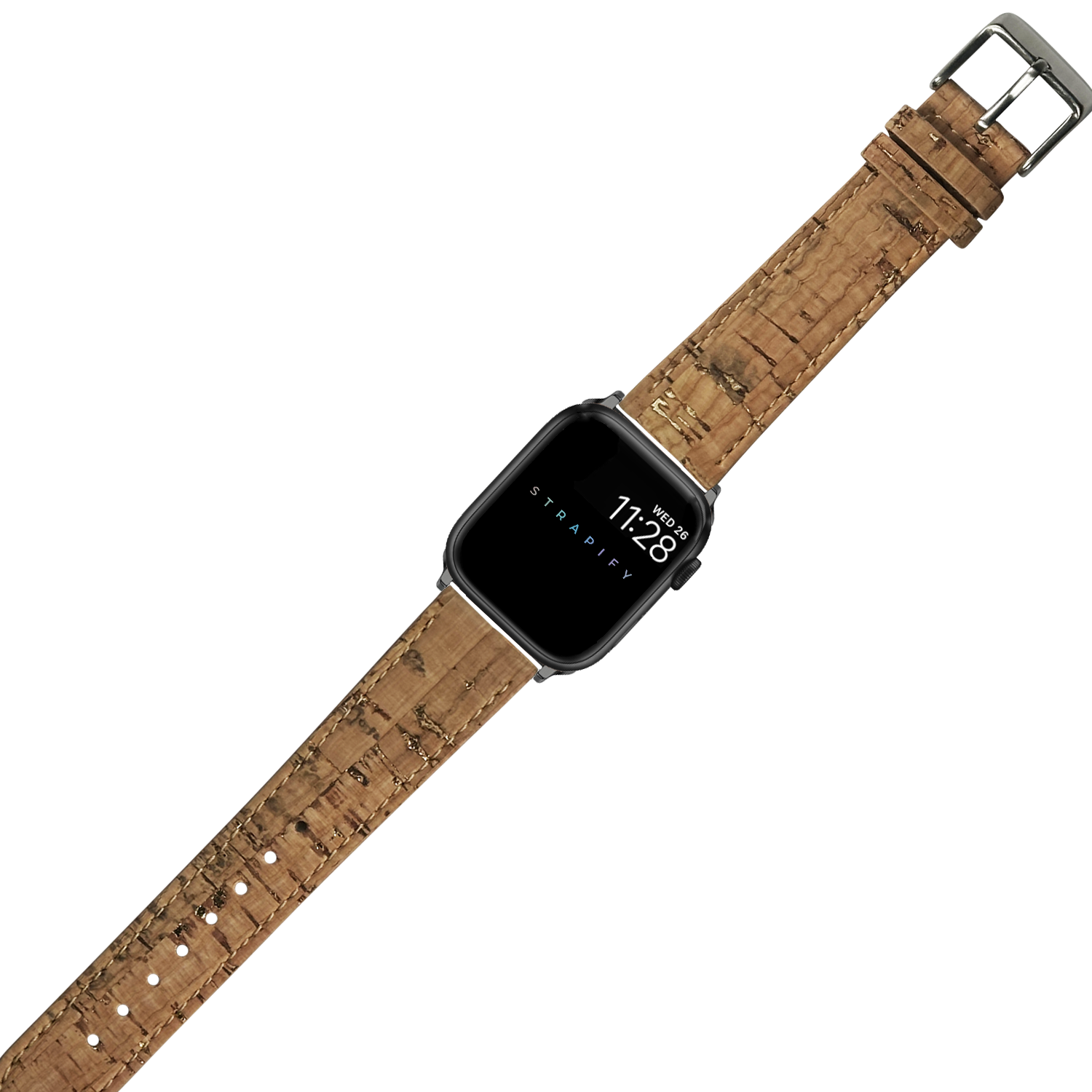 Brown cork vegan leather Apple Watch band with silver buckle and adjustable strap