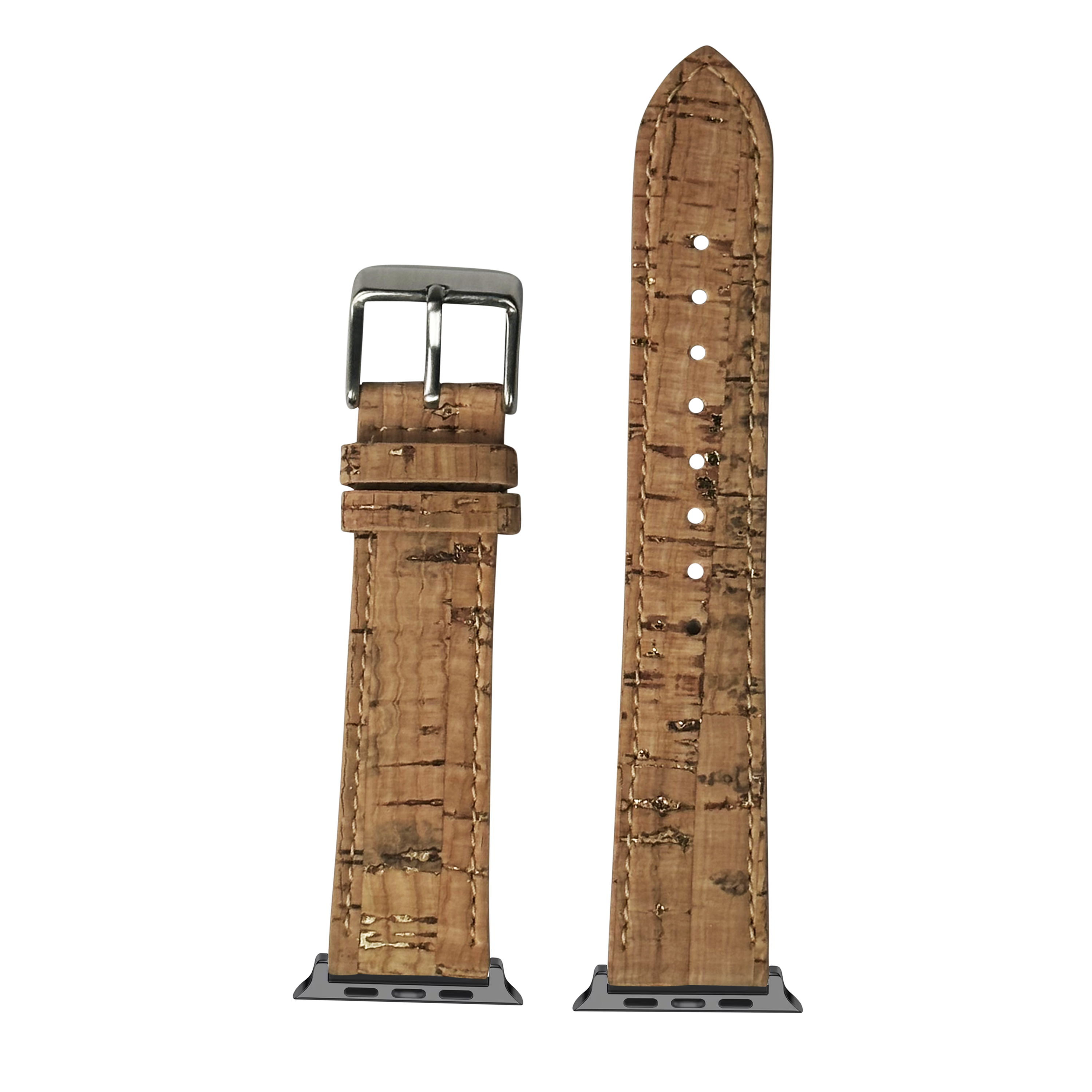 Brown cork vegan leather Apple Watch band with stainless steel buckle and white stitching, shown separated and connected