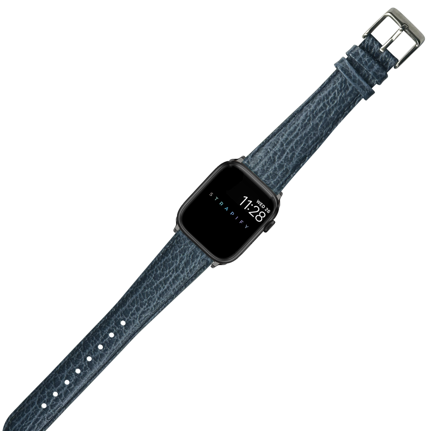 Blue faux sharkskin watch band with black square smartwatch face displaying time 7:28, buckle closure