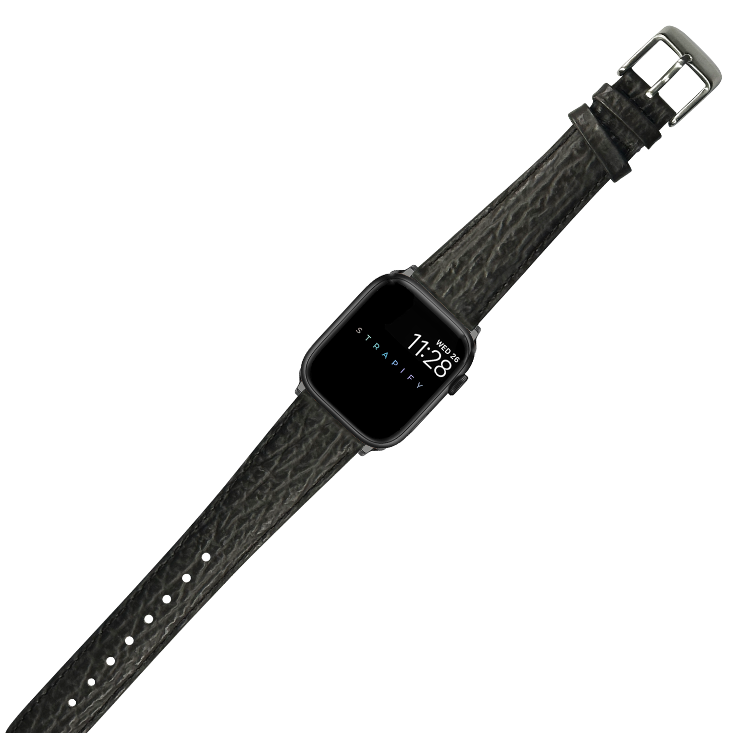 Black faux sharkskin leather band for Apple Watch with silver buckle and digital display showing time