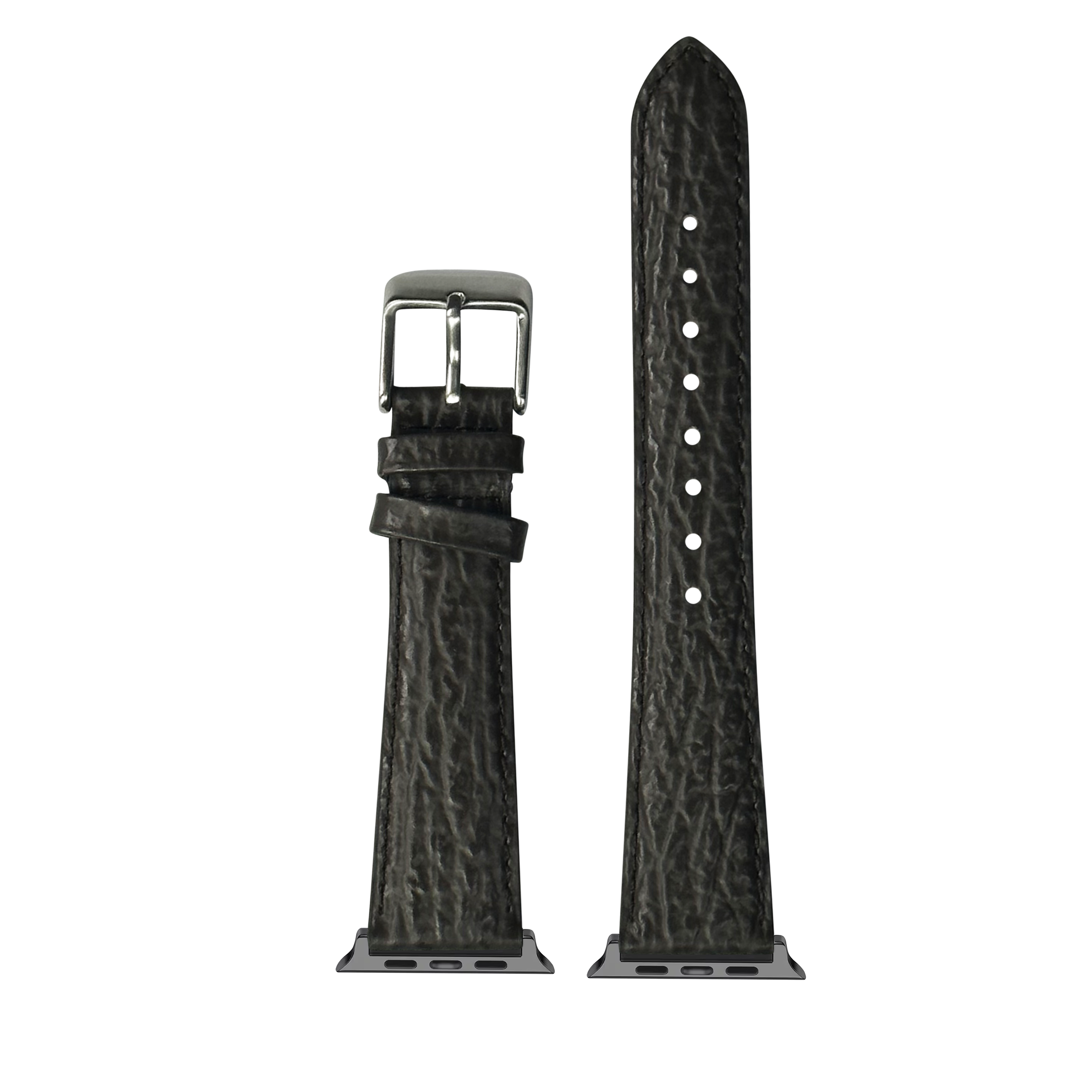 Black faux sharkskin Apple Watch band with silver buckle and white stitch details, tapered design shown front and back