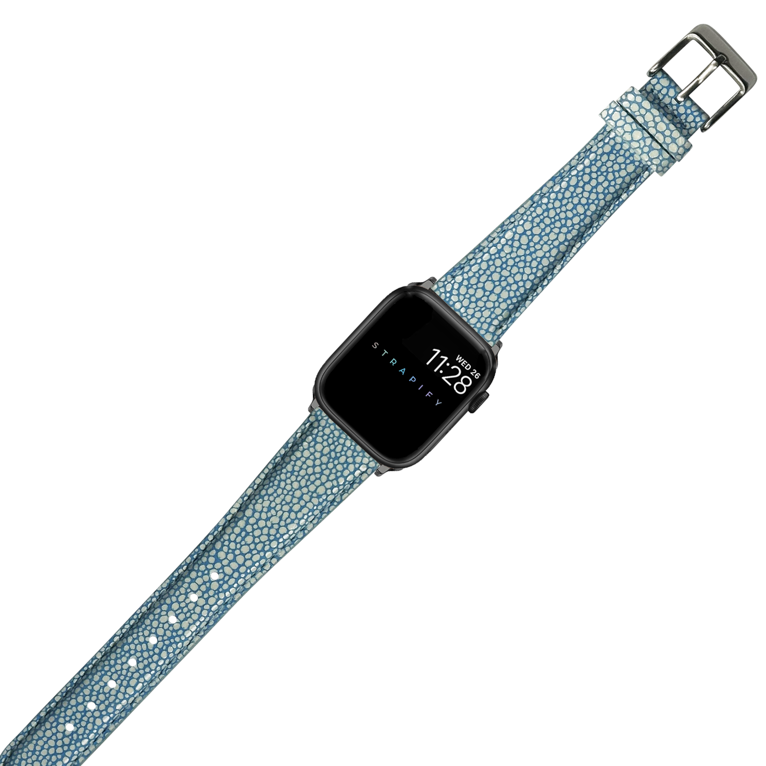 Blue faux stingray smartwatch band with textured dot pattern and metal buckle for Apple Watch