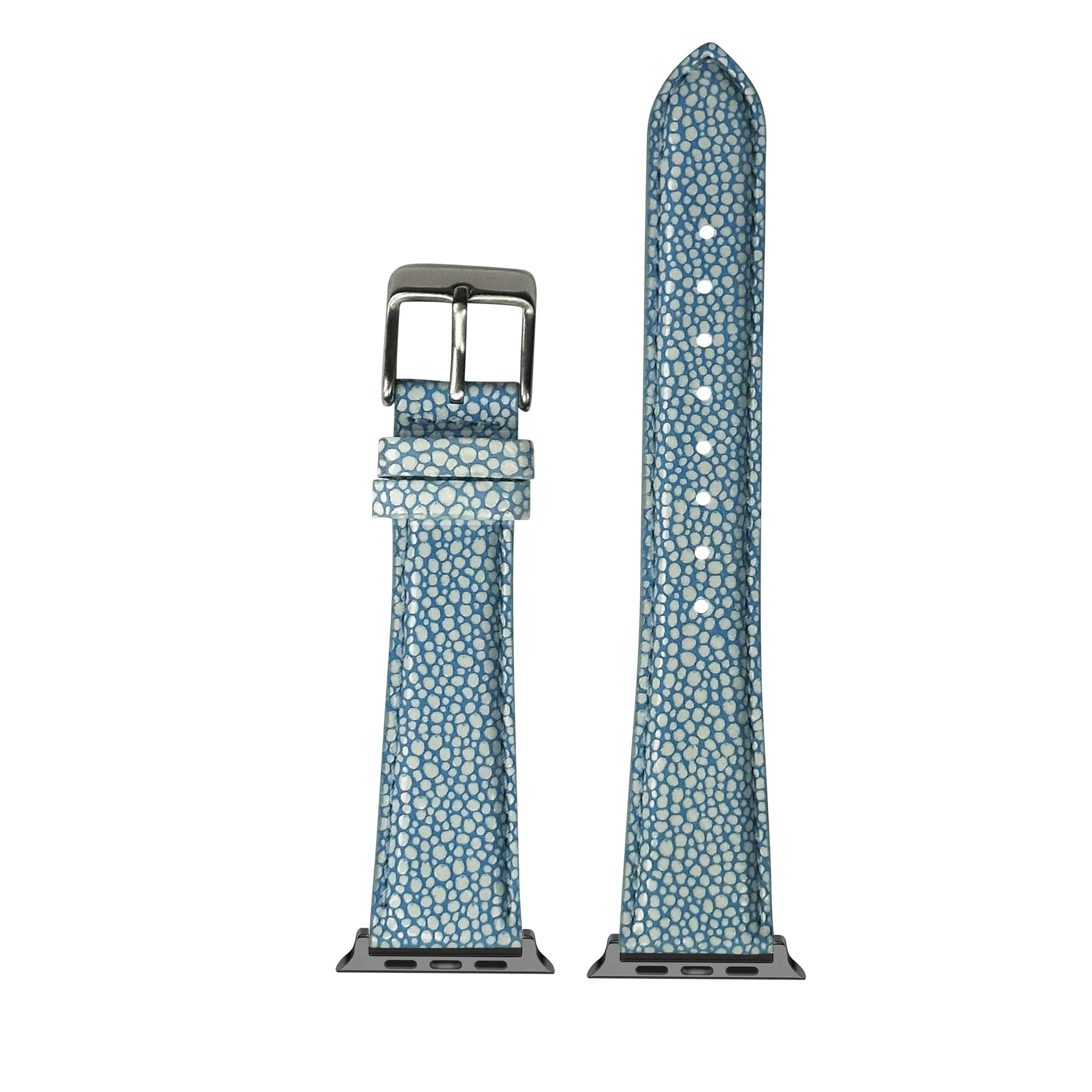 Blue faux stingray textured smartwatch band with metal buckle and connector adapters