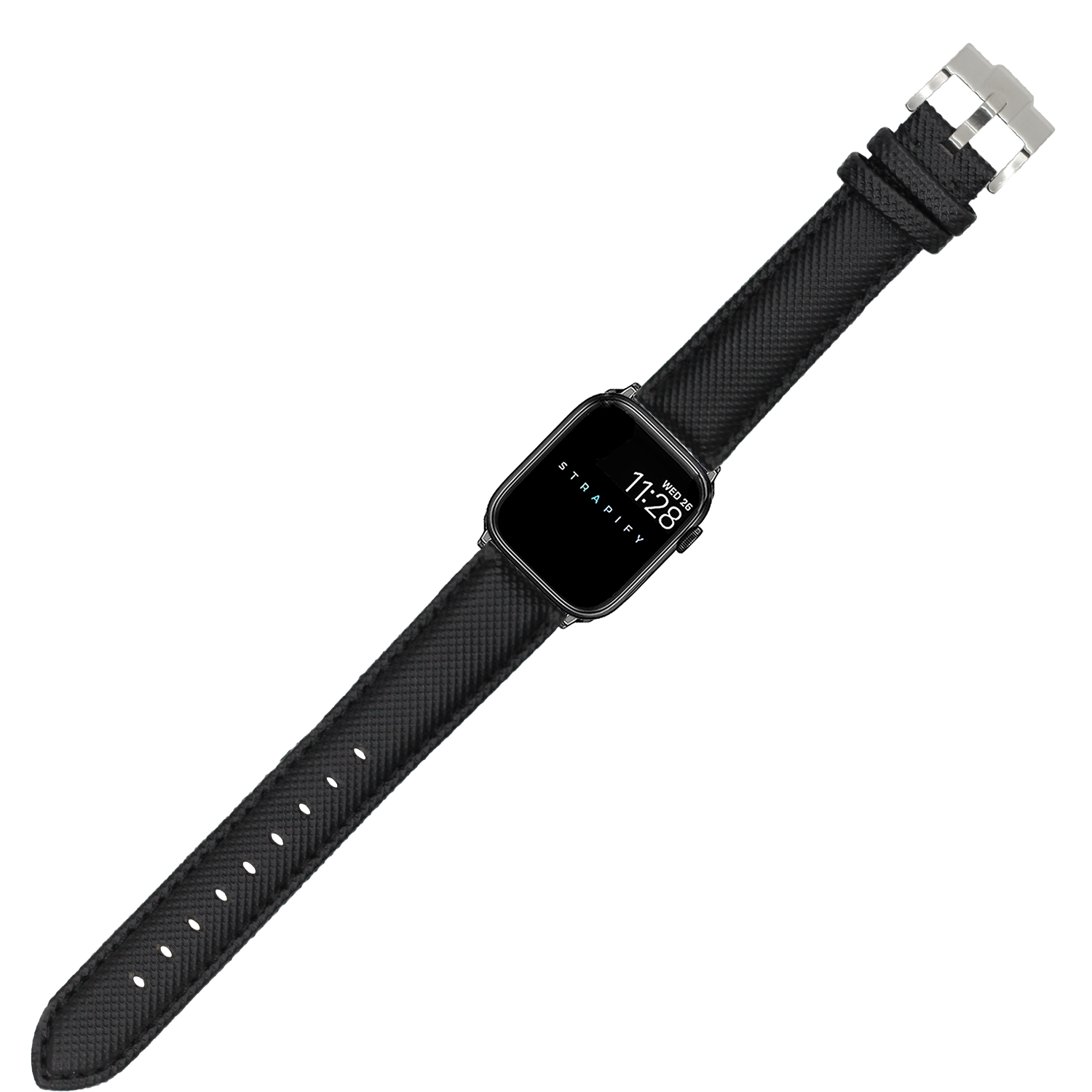 Black sailcloth band for Apple Watch with stainless steel hardware and adjustable fit