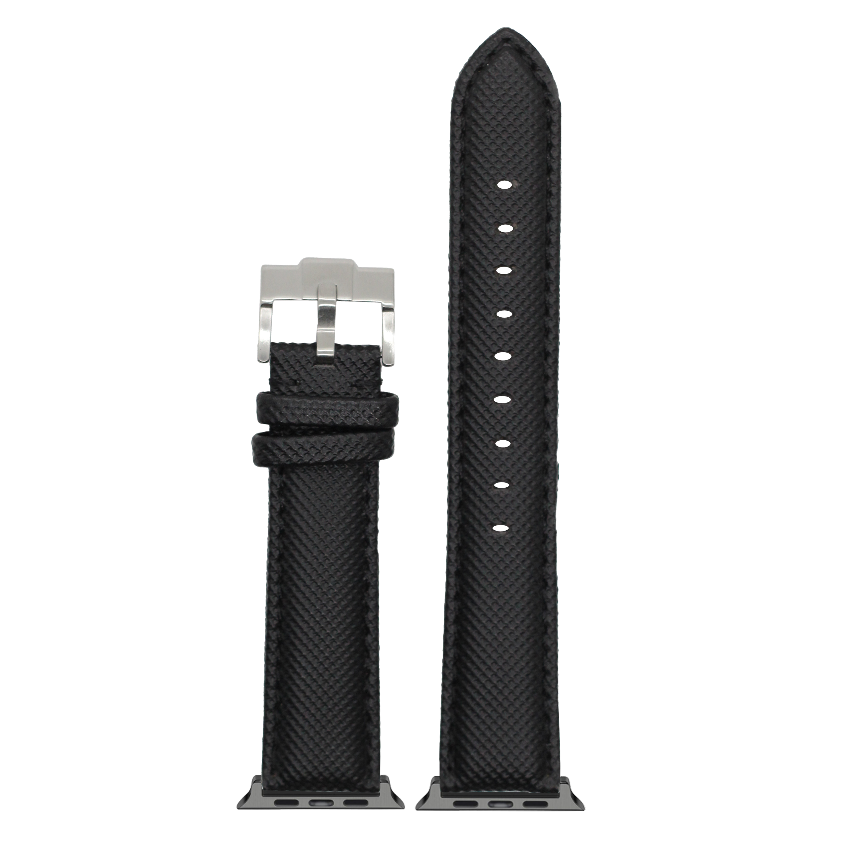 Black sailcloth Apple Watch band with silver buckle and white stitching, shown detached and assembled