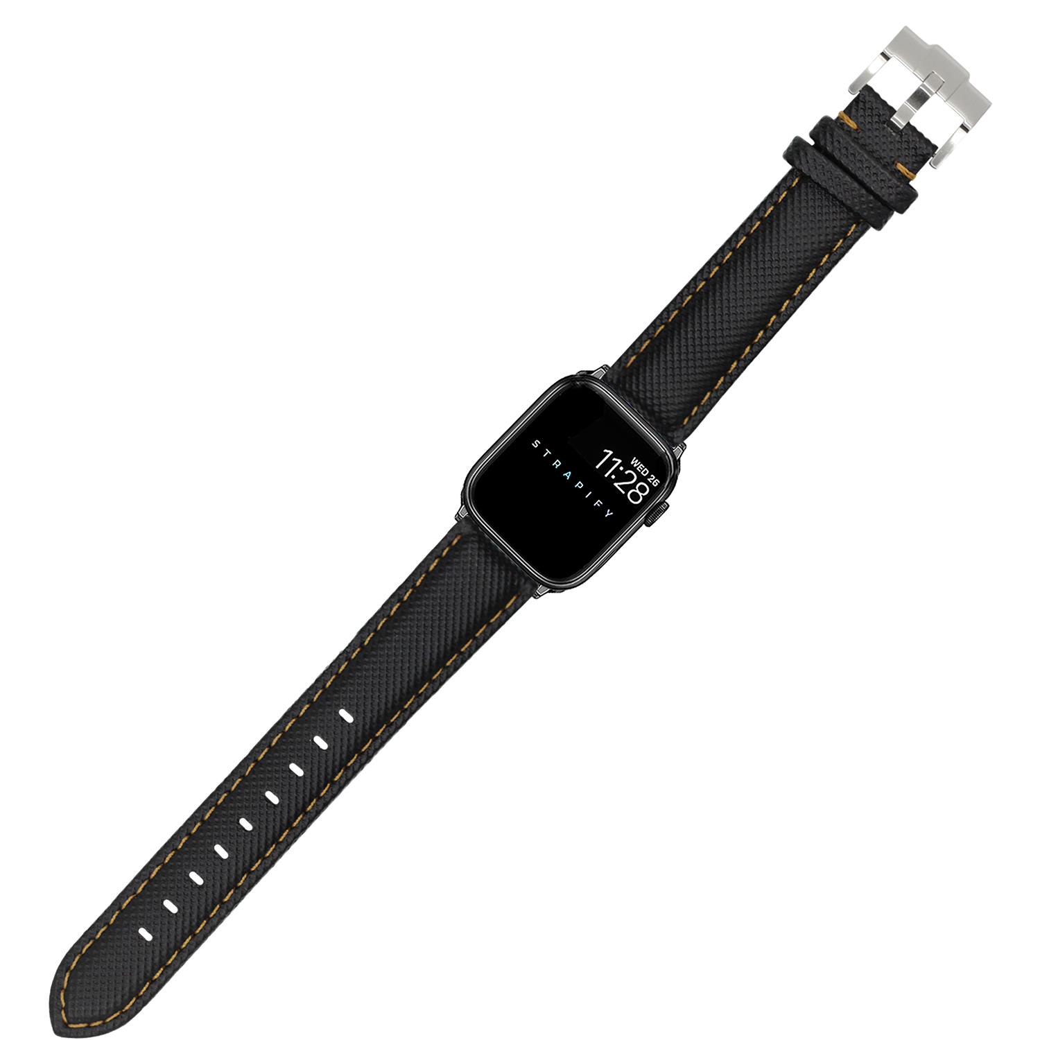 Black sailcloth Apple Watch band with gold stitching and silver buckle, displayed on smartwatch face